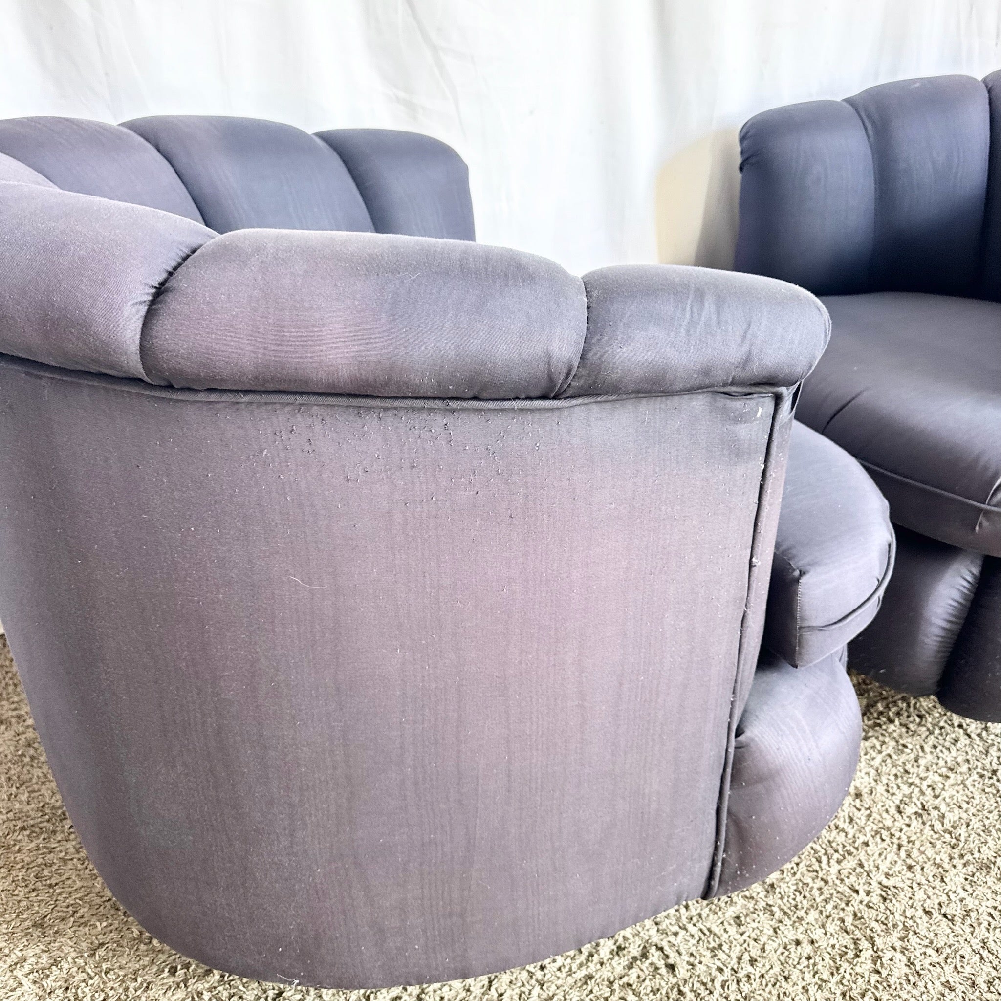 Postmodern Black Clam Shells Swivel Lounge Chairs - A Pair