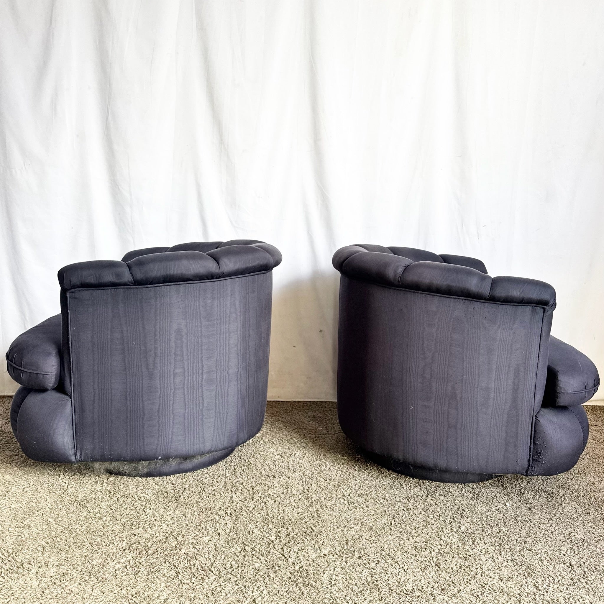 Postmodern Black Clam Shells Swivel Lounge Chairs - A Pair