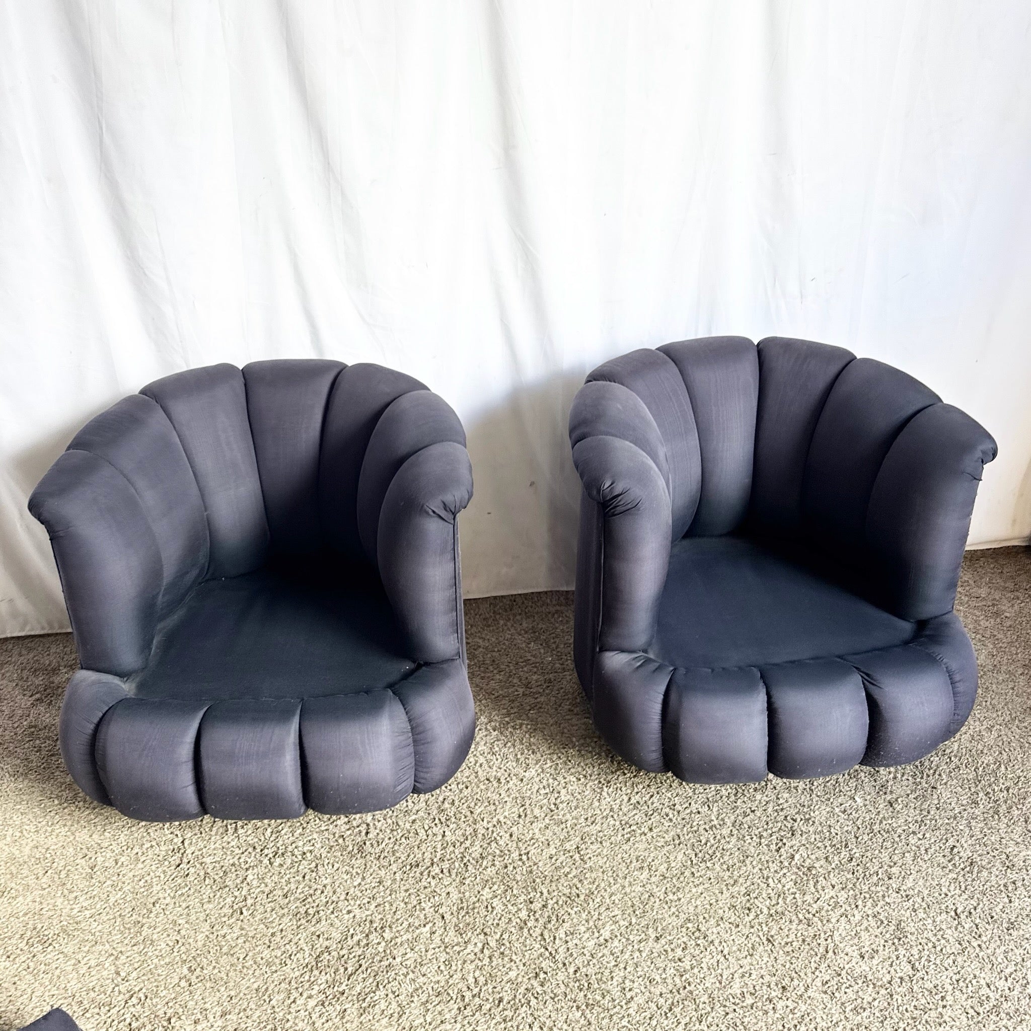 Postmodern Black Clam Shells Swivel Lounge Chairs - A Pair