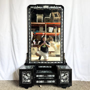 Asian Black Lacquered Mother of Pearl Inlay Vanity/Dressing Cabinet With Mirror