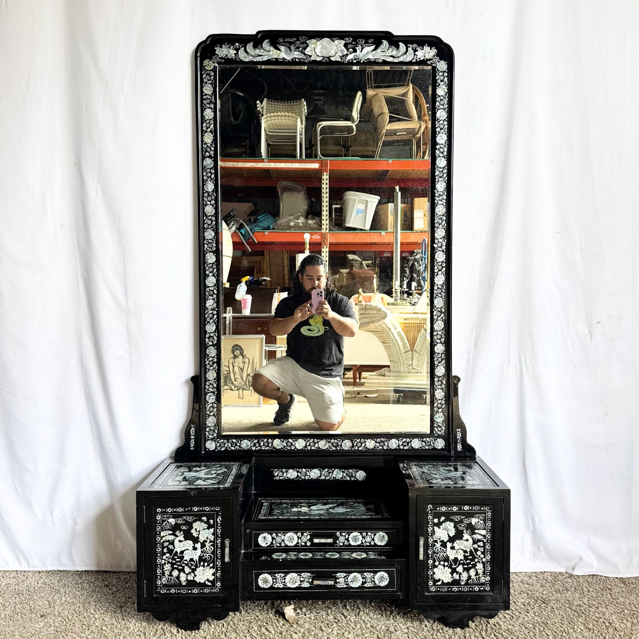 Asian Black Lacquered Mother of Pearl Inlay Vanity/Dressing Cabinet With Mirror