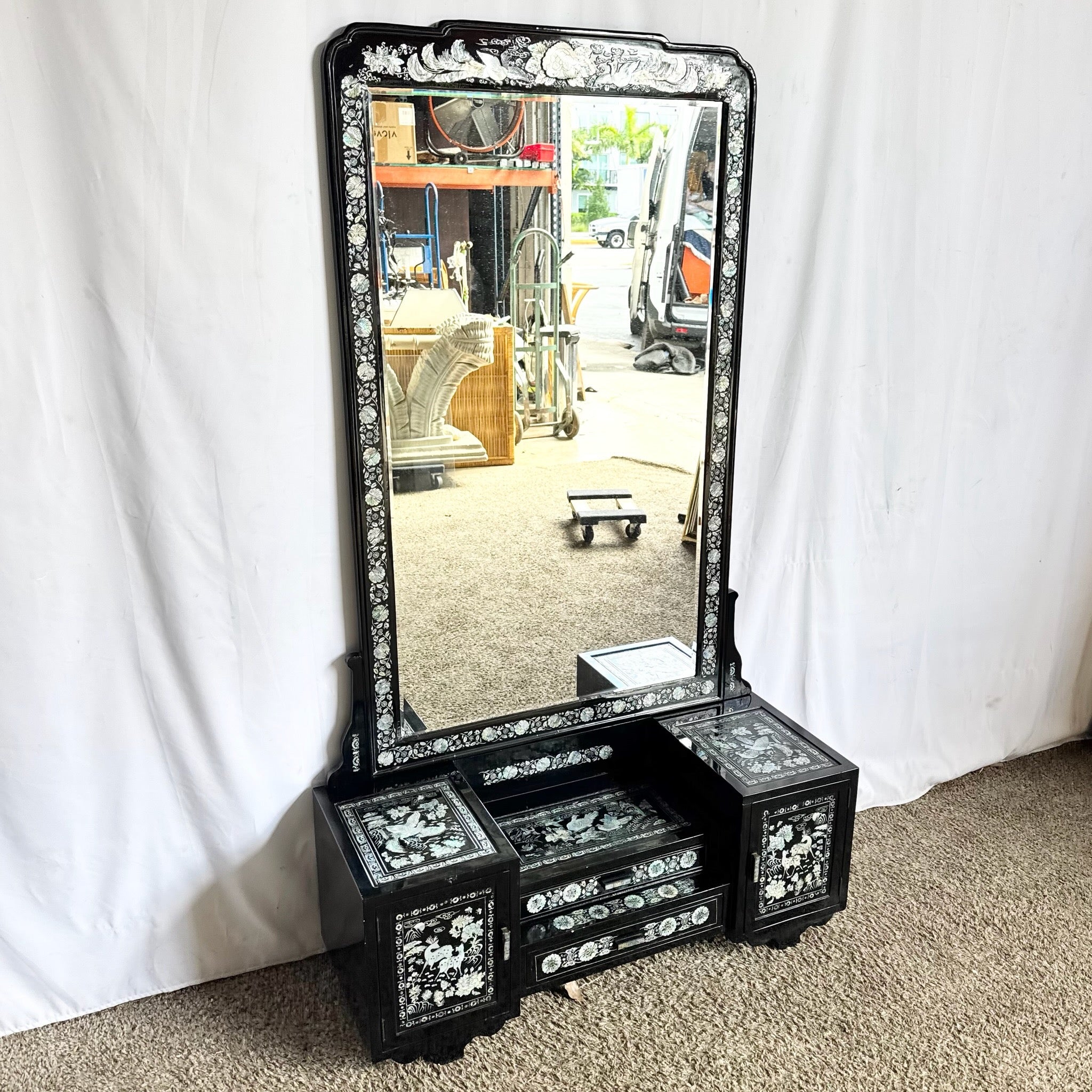 Asian Black Lacquered Mother of Pearl Inlay Vanity/Dressing Cabinet With Mirror
