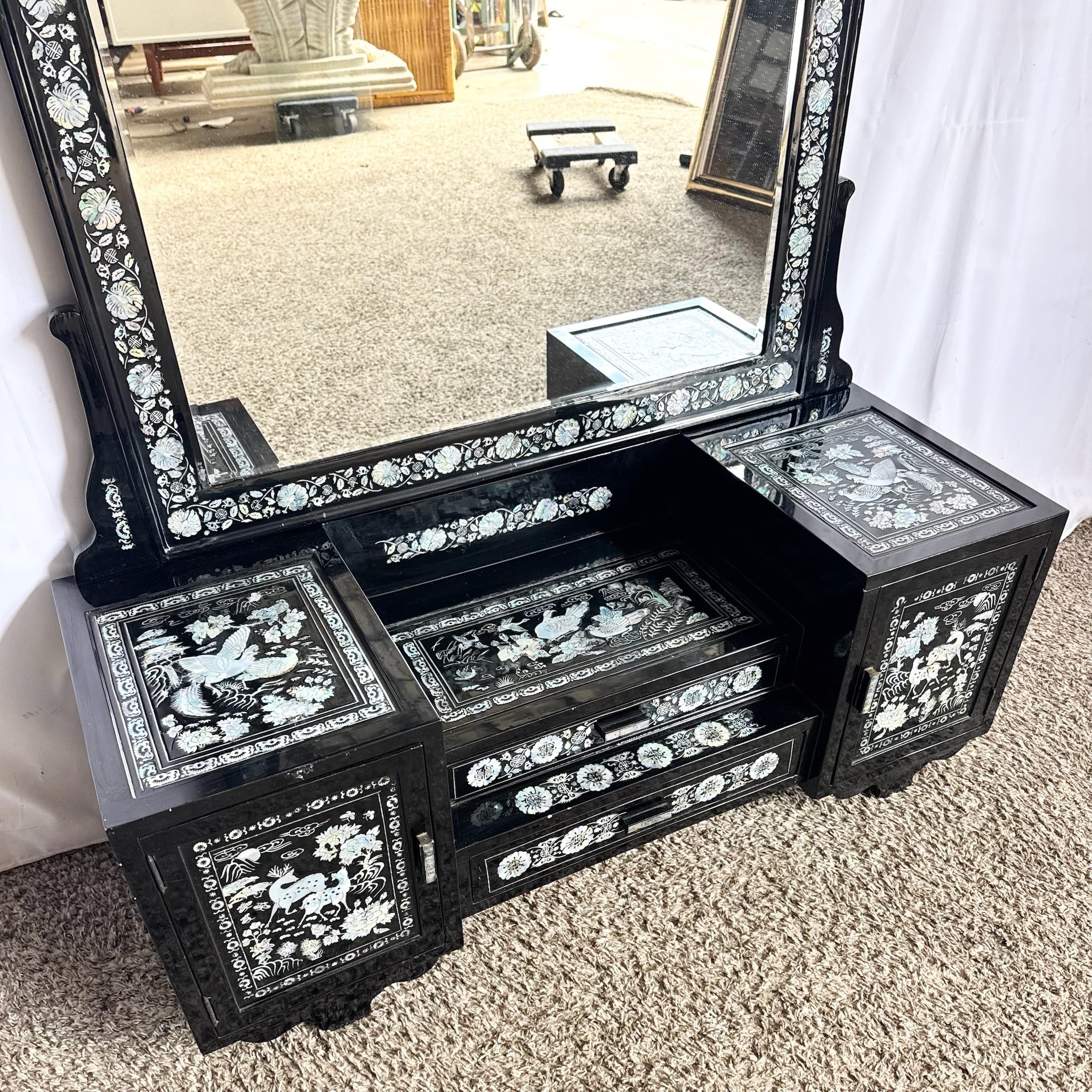 Asian Black Lacquered Mother of Pearl Inlay Vanity/Dressing Cabinet With Mirror