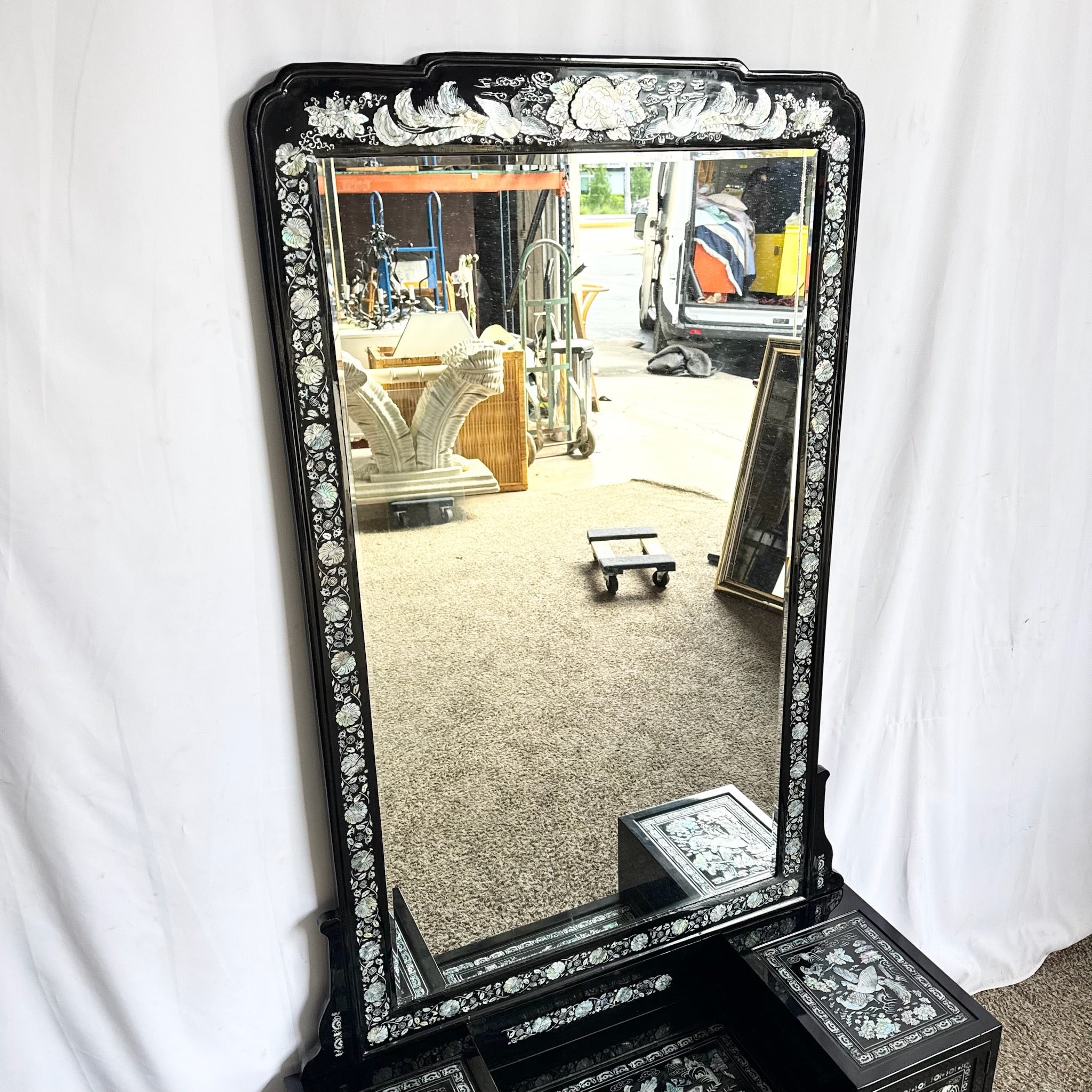 Asian Black Lacquered Mother of Pearl Inlay Vanity/Dressing Cabinet With Mirror