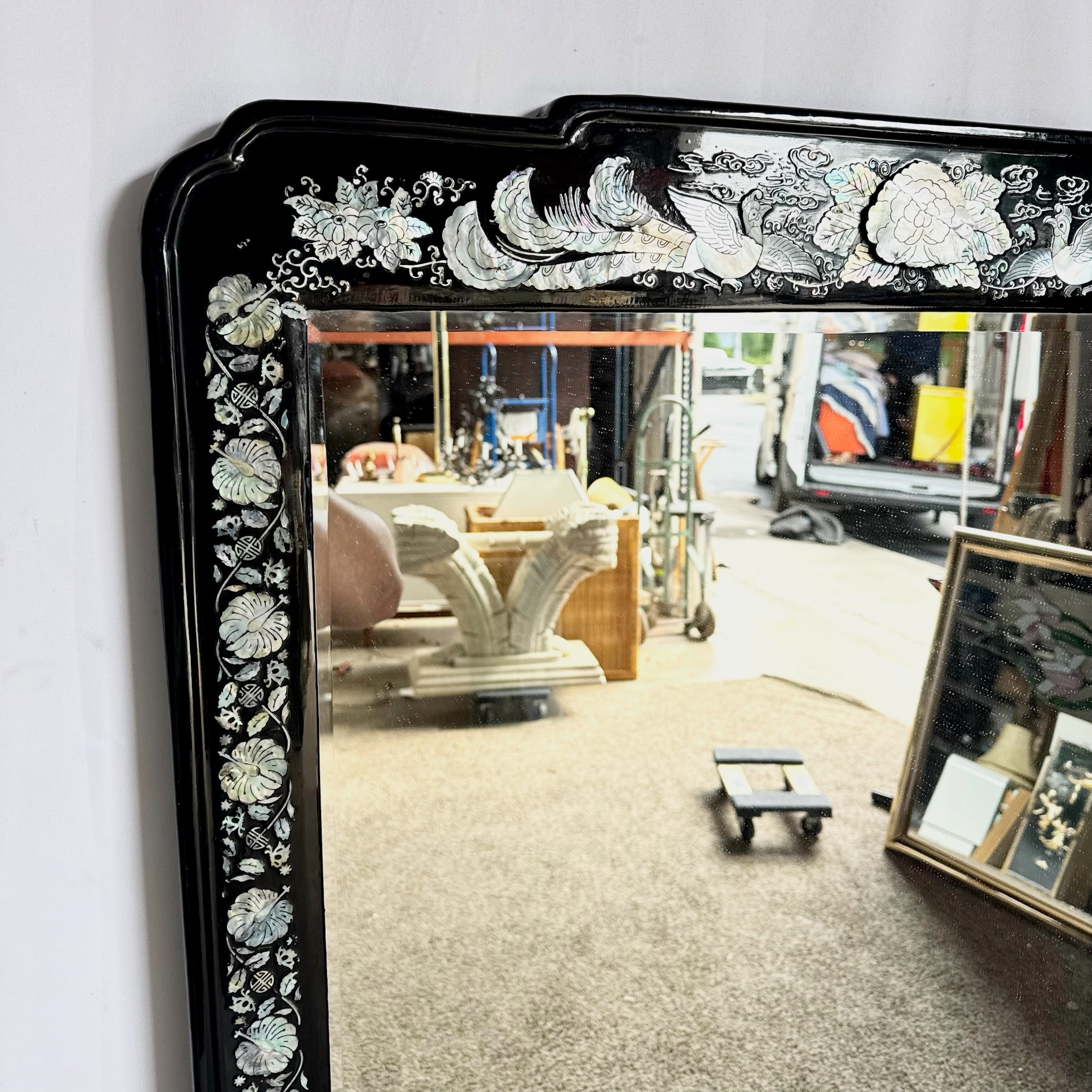 Asian Black Lacquered Mother of Pearl Inlay Vanity/Dressing Cabinet With Mirror