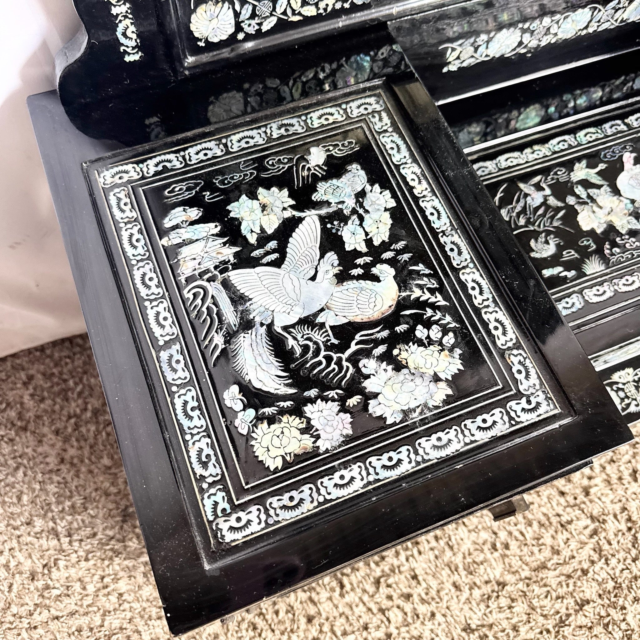 Asian Black Lacquered Mother of Pearl Inlay Vanity/Dressing Cabinet With Mirror