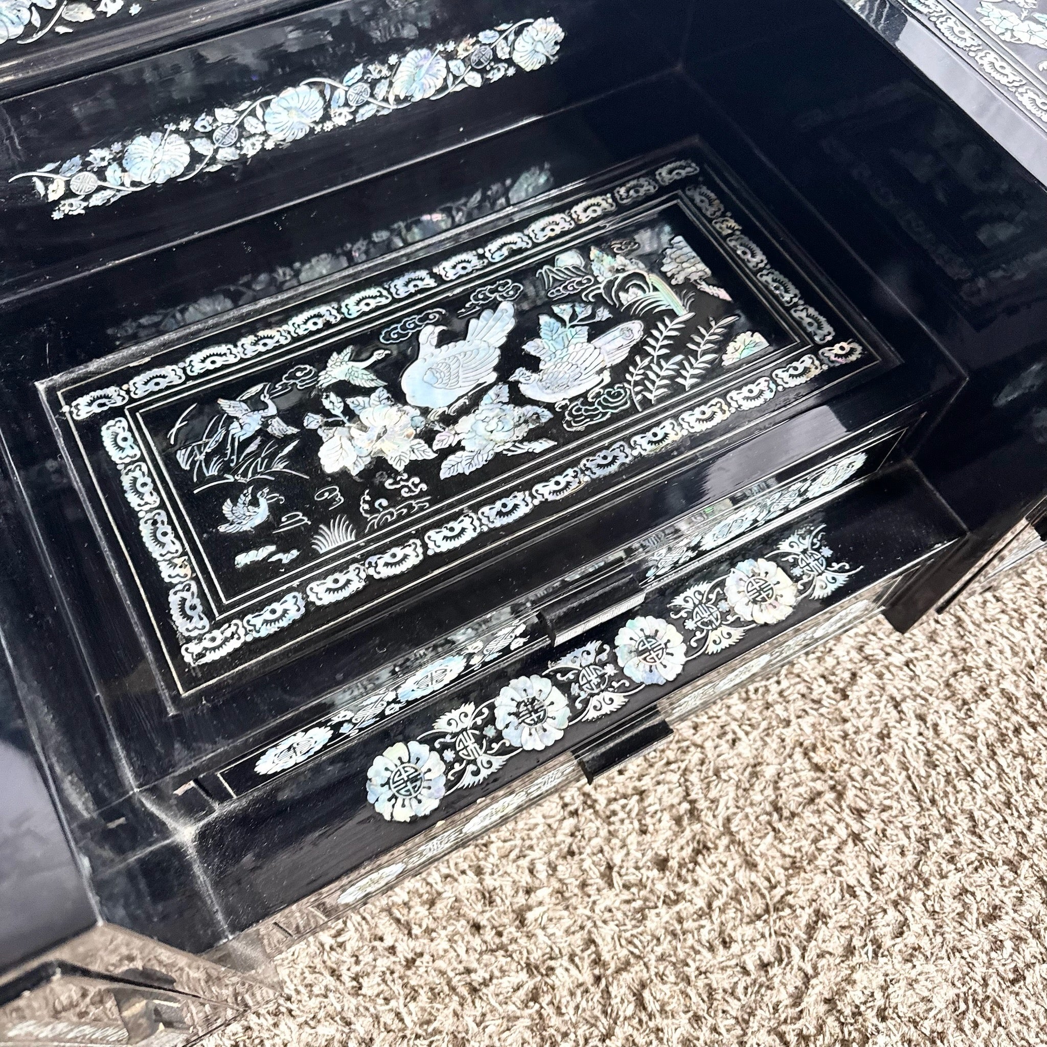 Asian Black Lacquered Mother of Pearl Inlay Vanity/Dressing Cabinet With Mirror