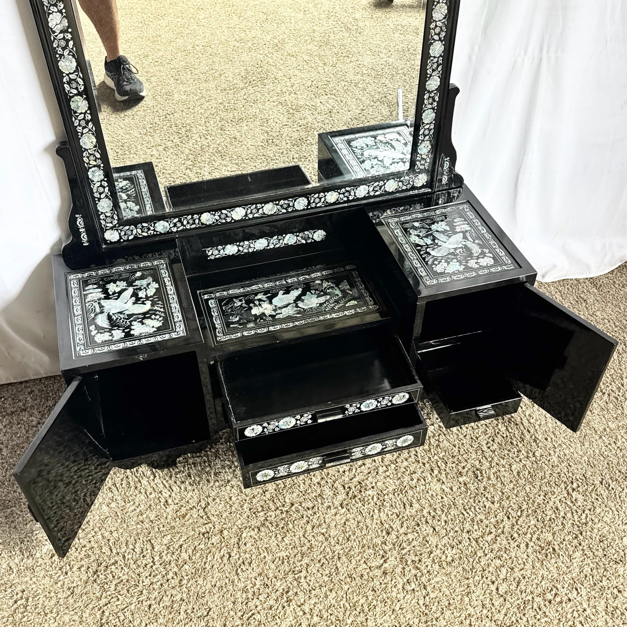 Asian Black Lacquered Mother of Pearl Inlay Vanity/Dressing Cabinet With Mirror