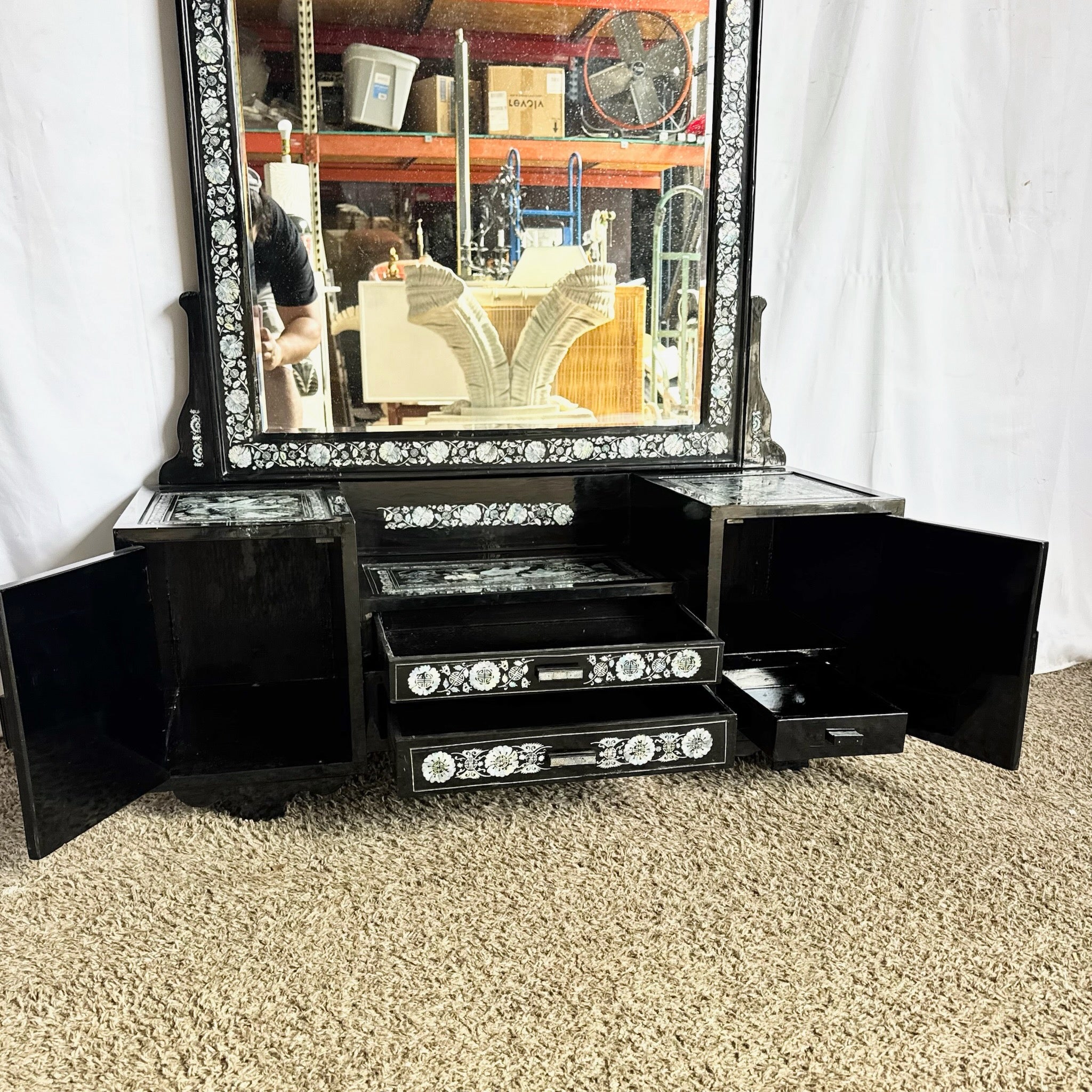 Asian Black Lacquered Mother of Pearl Inlay Vanity/Dressing Cabinet With Mirror