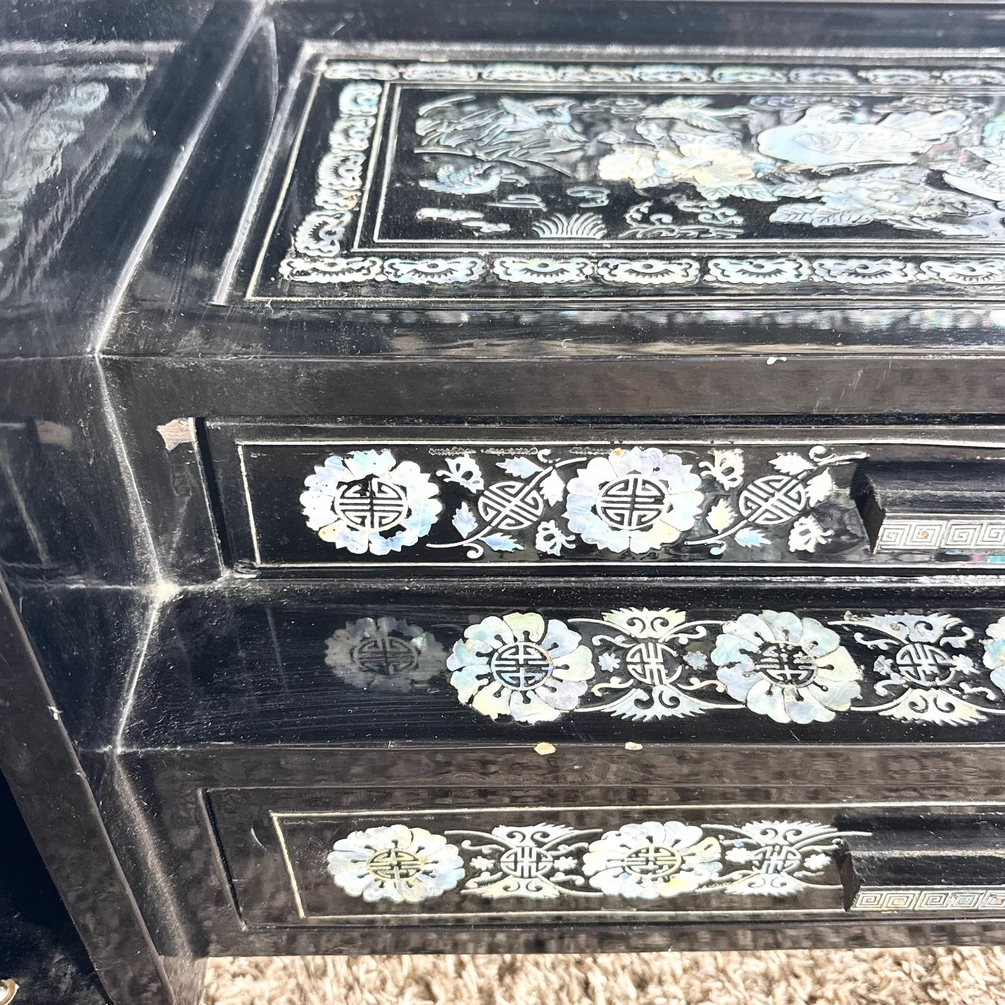Asian Black Lacquered Mother of Pearl Inlay Vanity/Dressing Cabinet With Mirror