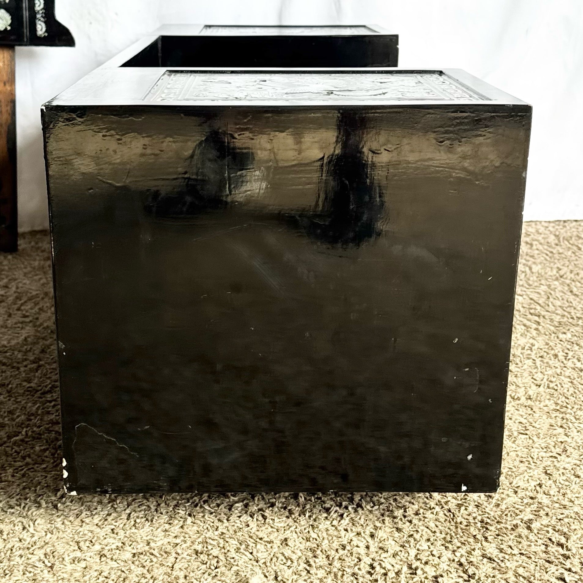 Asian Black Lacquered Mother of Pearl Inlay Vanity/Dressing Cabinet With Mirror