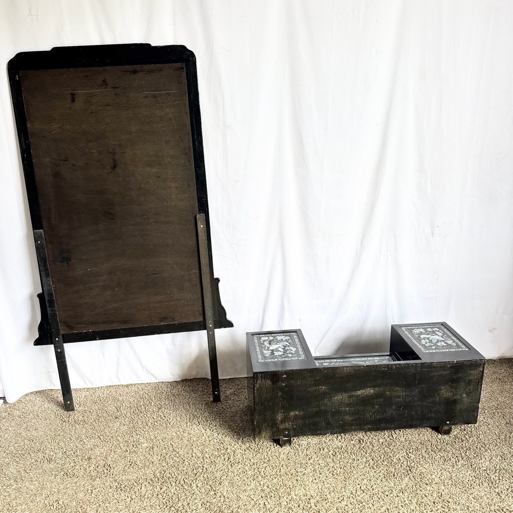 Asian Black Lacquered Mother of Pearl Inlay Vanity/Dressing Cabinet With Mirror