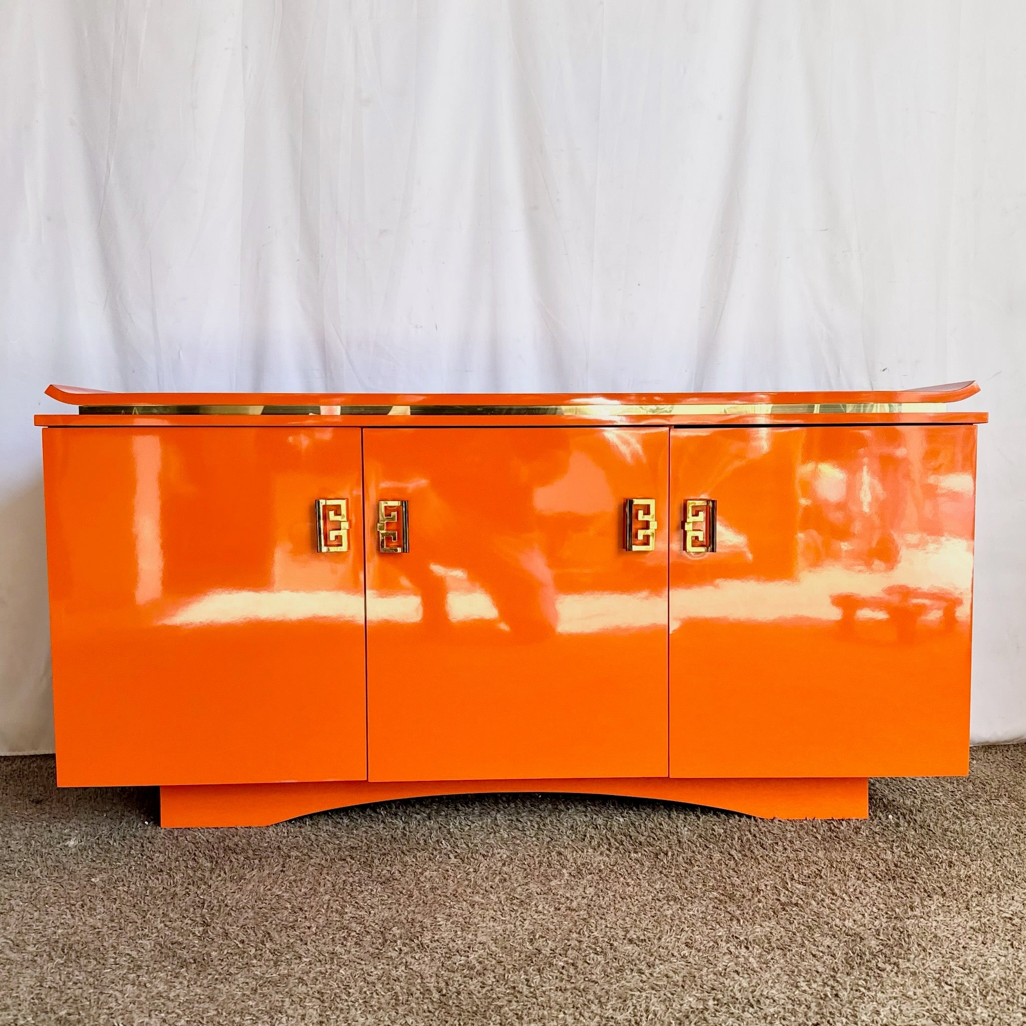 Postmodern Chinoiserie Orange Lacquer Laminate Credenza