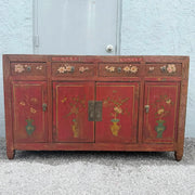 Chinese Red Hand Painted Credenza Wedding Cabinet Dolphin & Flamingo