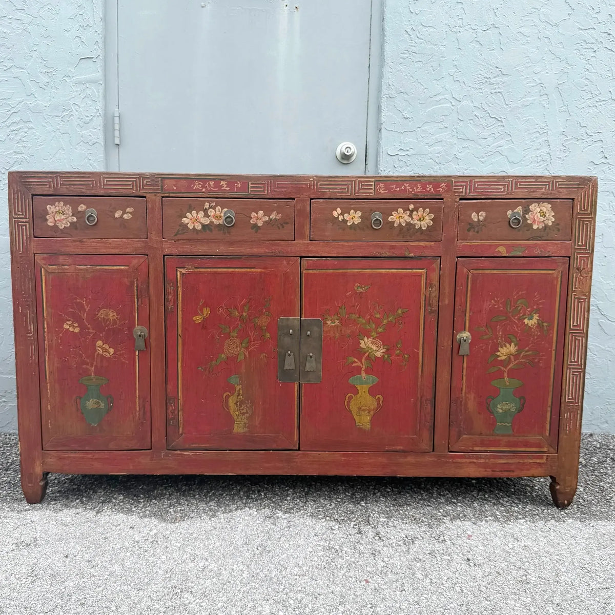 Chinese Red Hand Painted Credenza Wedding Cabinet Dolphin & Flamingo