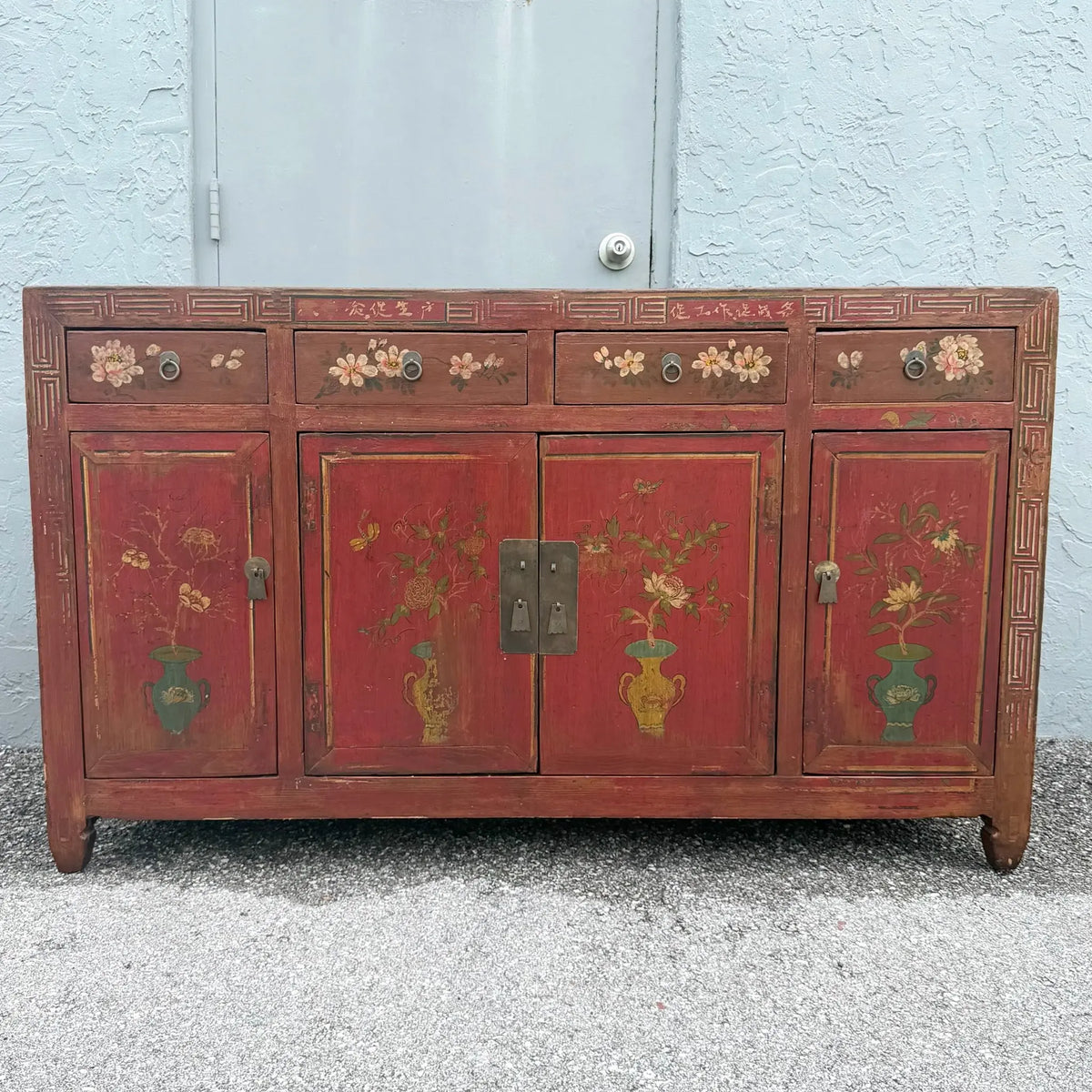 Chinese Red Hand Painted Credenza Wedding Cabinet Dolphin & Flamingo