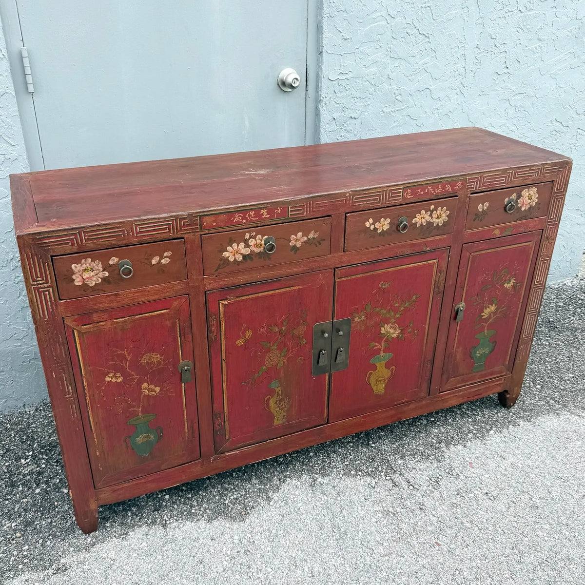 Chinese Red Hand Painted Credenza Wedding Cabinet Dolphin & Flamingo
