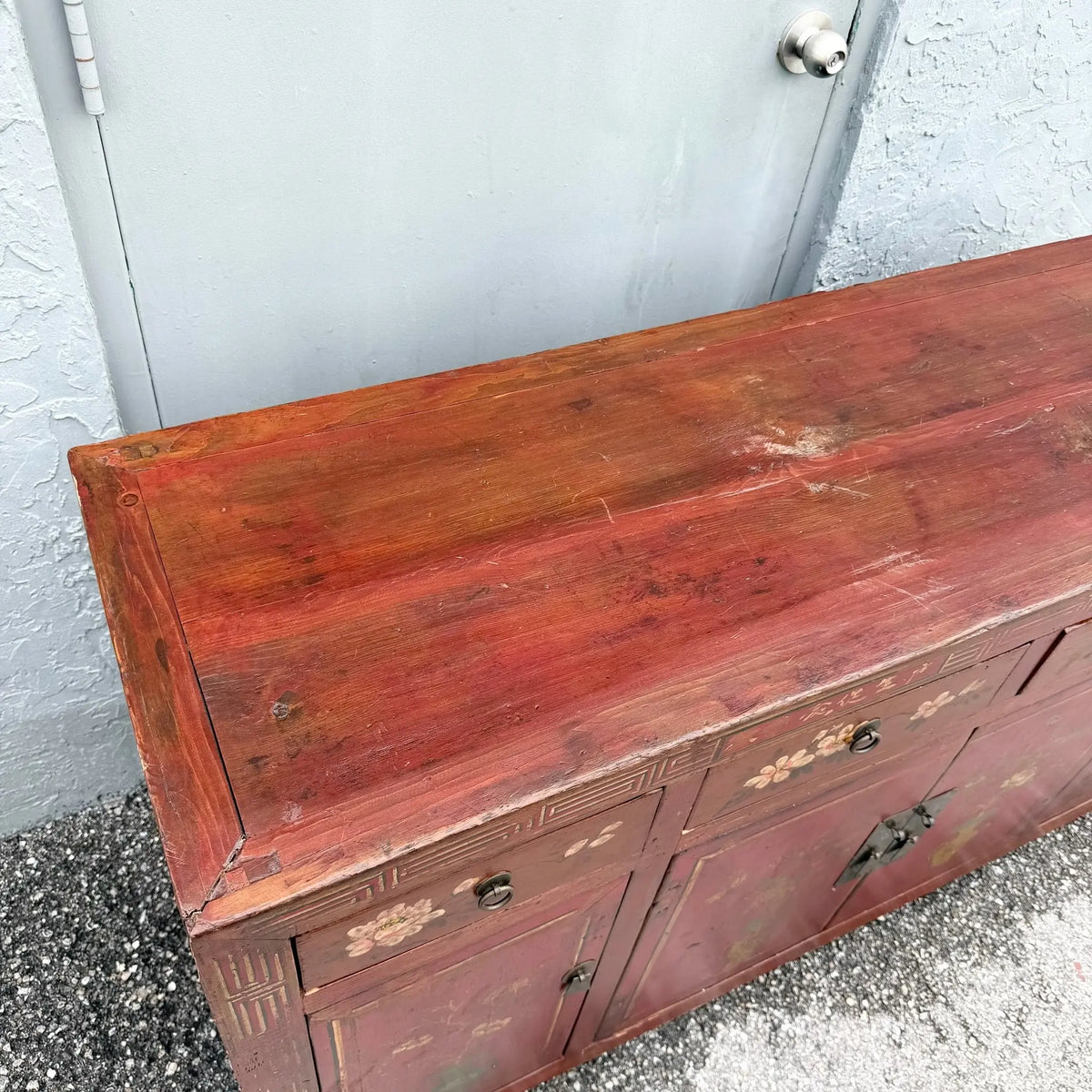 Chinese Red Hand Painted Credenza Wedding Cabinet Dolphin & Flamingo