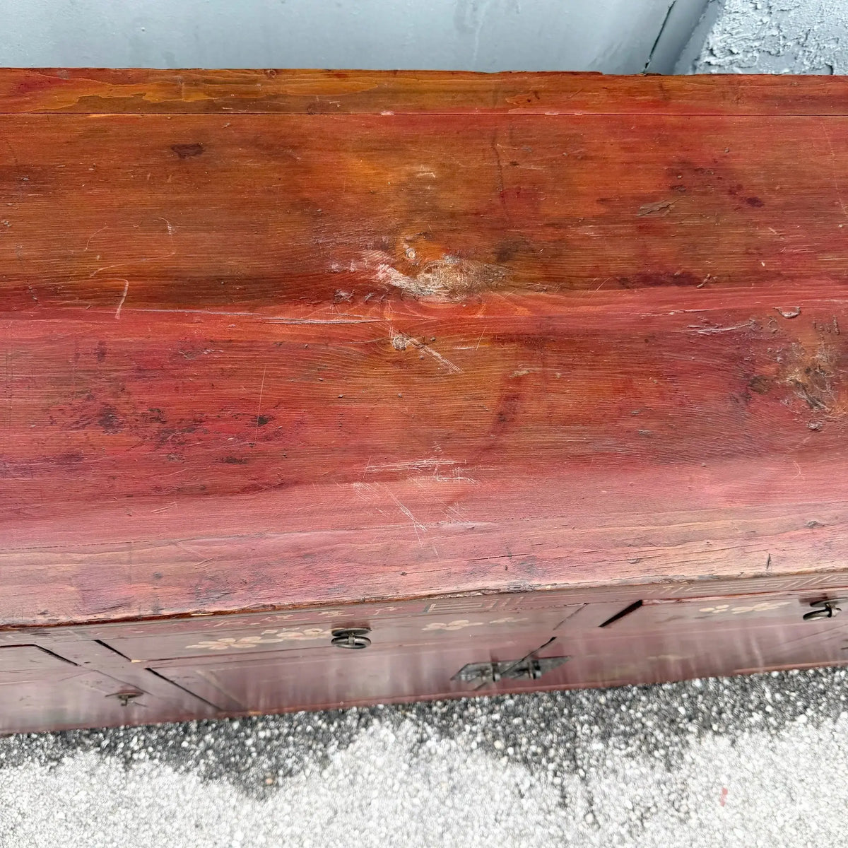 Chinese Red Hand Painted Credenza Wedding Cabinet Dolphin & Flamingo