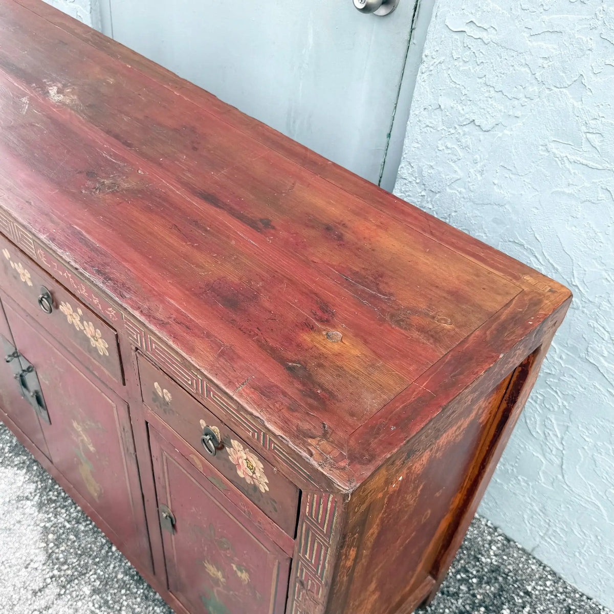 Chinese Red Hand Painted Credenza Wedding Cabinet Dolphin & Flamingo