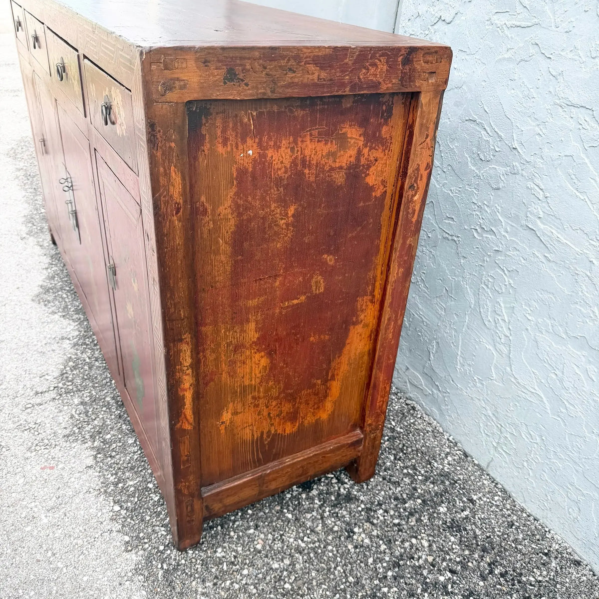 Chinese Red Hand Painted Credenza Wedding Cabinet Dolphin & Flamingo