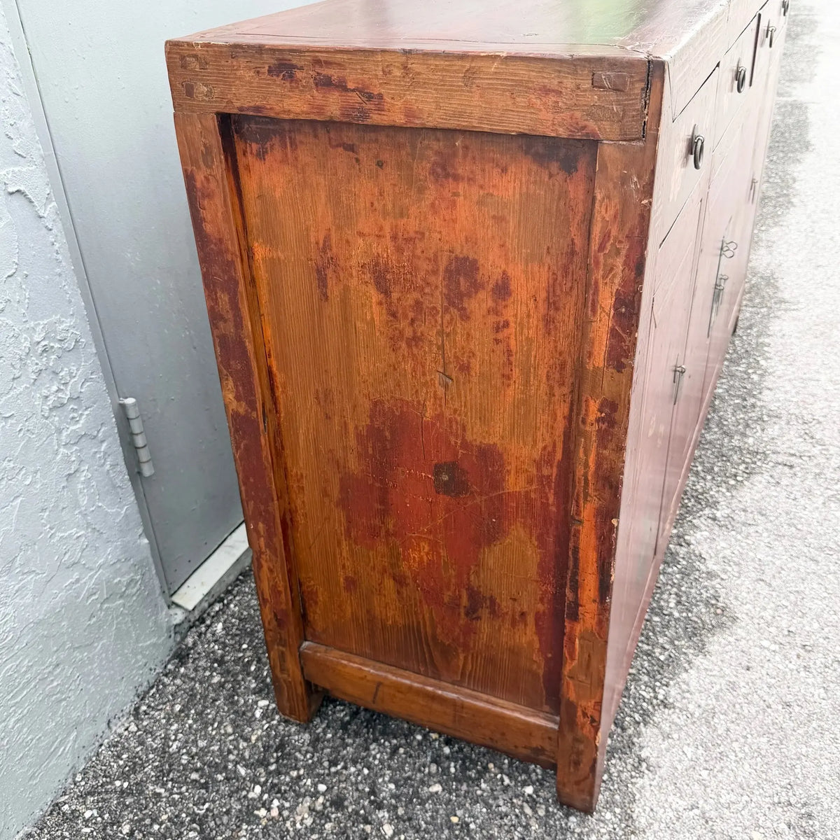 Chinese Red Hand Painted Credenza Wedding Cabinet Dolphin & Flamingo