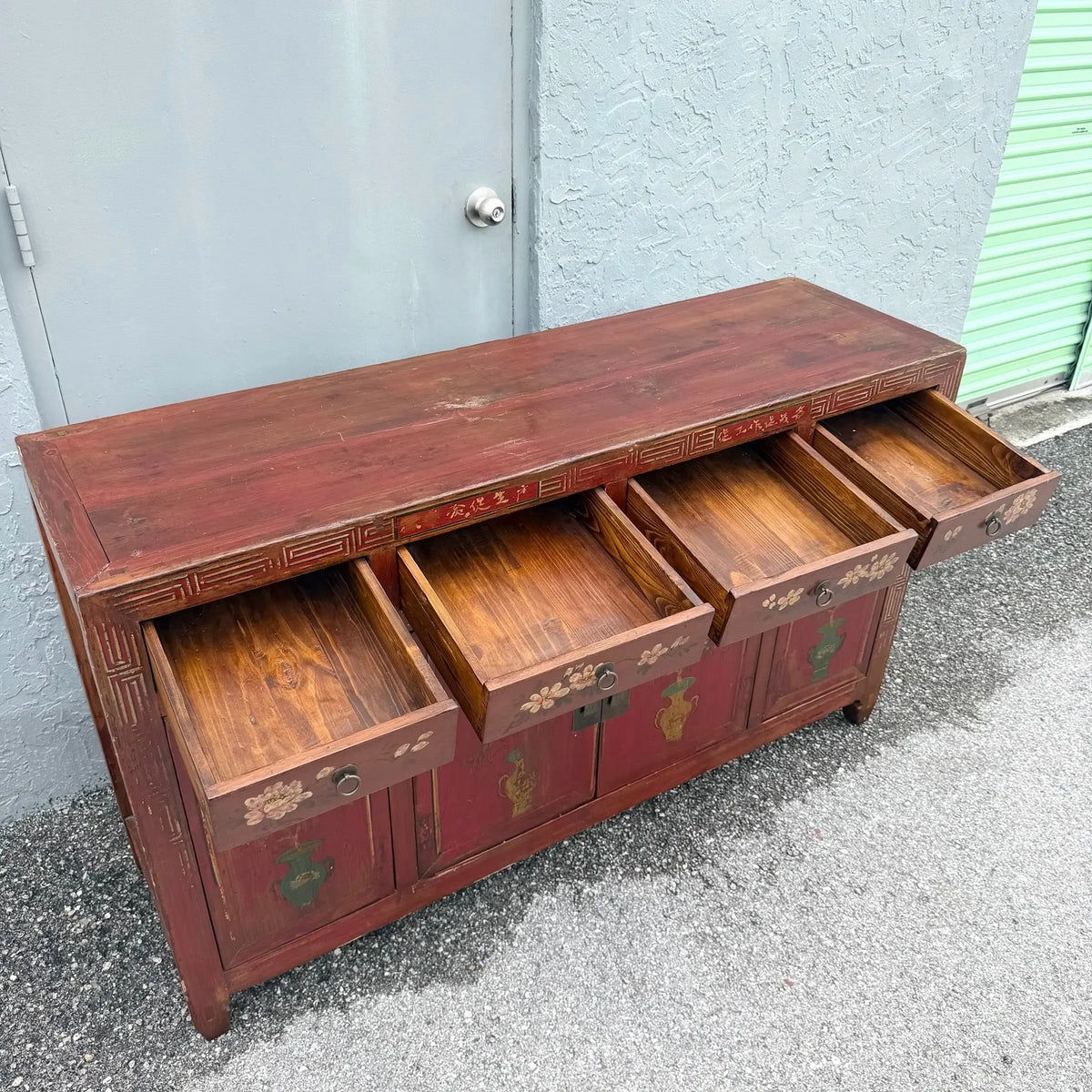Chinese Red Hand Painted Credenza Wedding Cabinet Dolphin & Flamingo