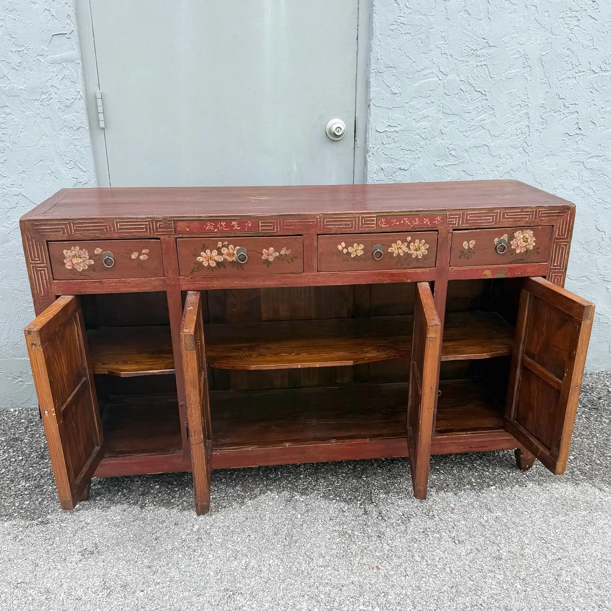 Chinese Red Hand Painted Credenza Wedding Cabinet Dolphin & Flamingo