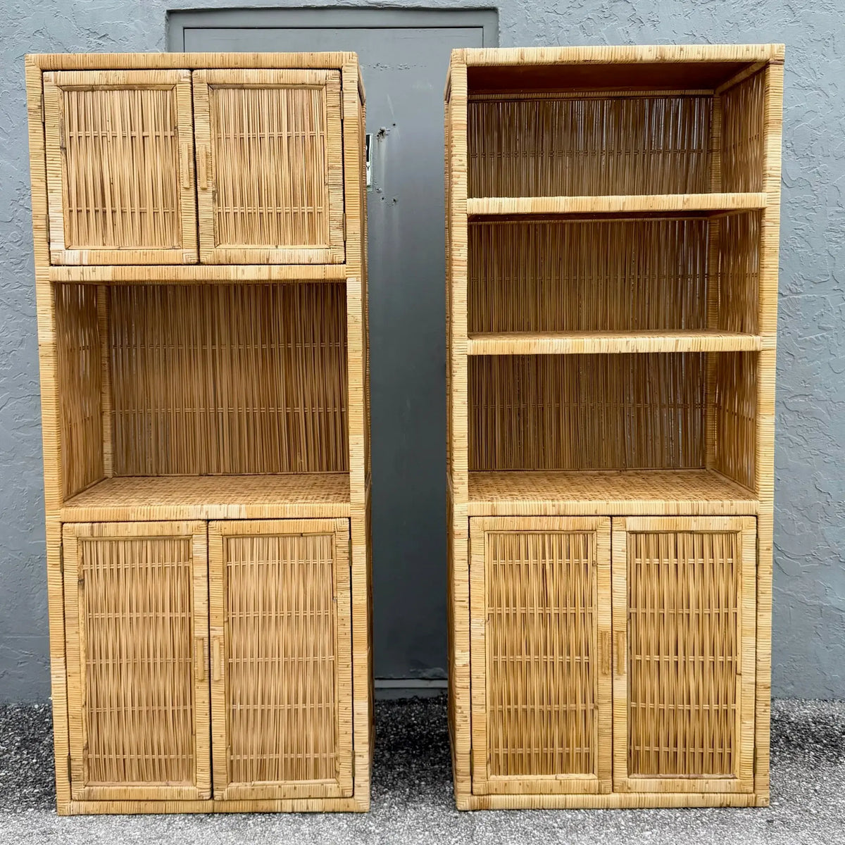 Boho Chic Blonde Wicker Cabinet Etageres - A Pair Dolphin & Flamingo