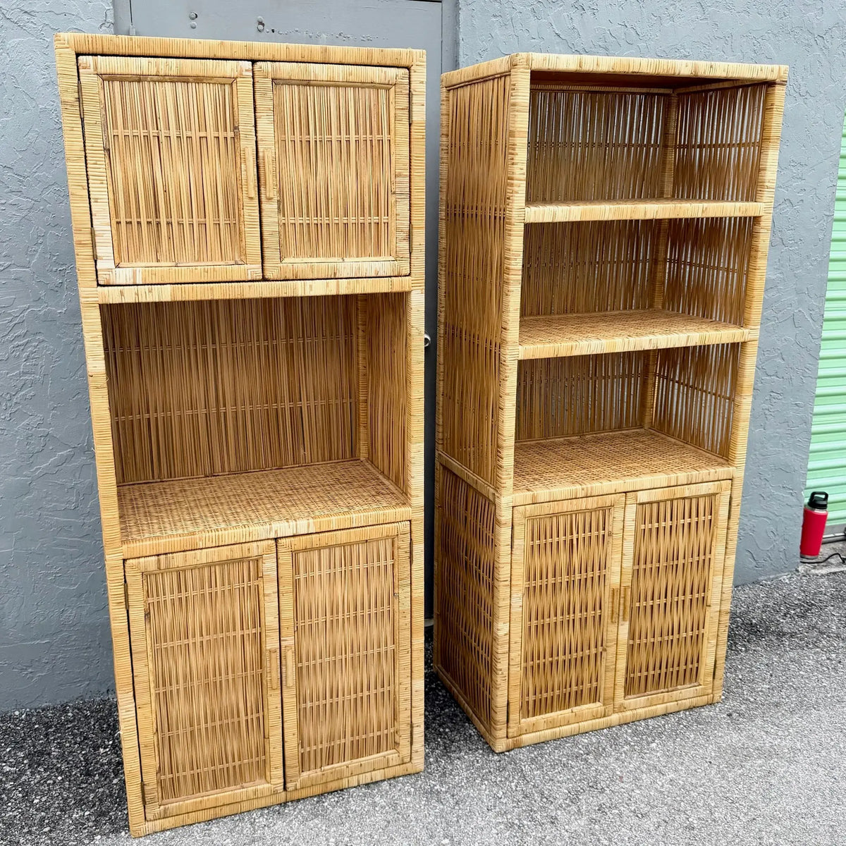 Boho Chic Blonde Wicker Cabinet Etageres - A Pair Dolphin & Flamingo