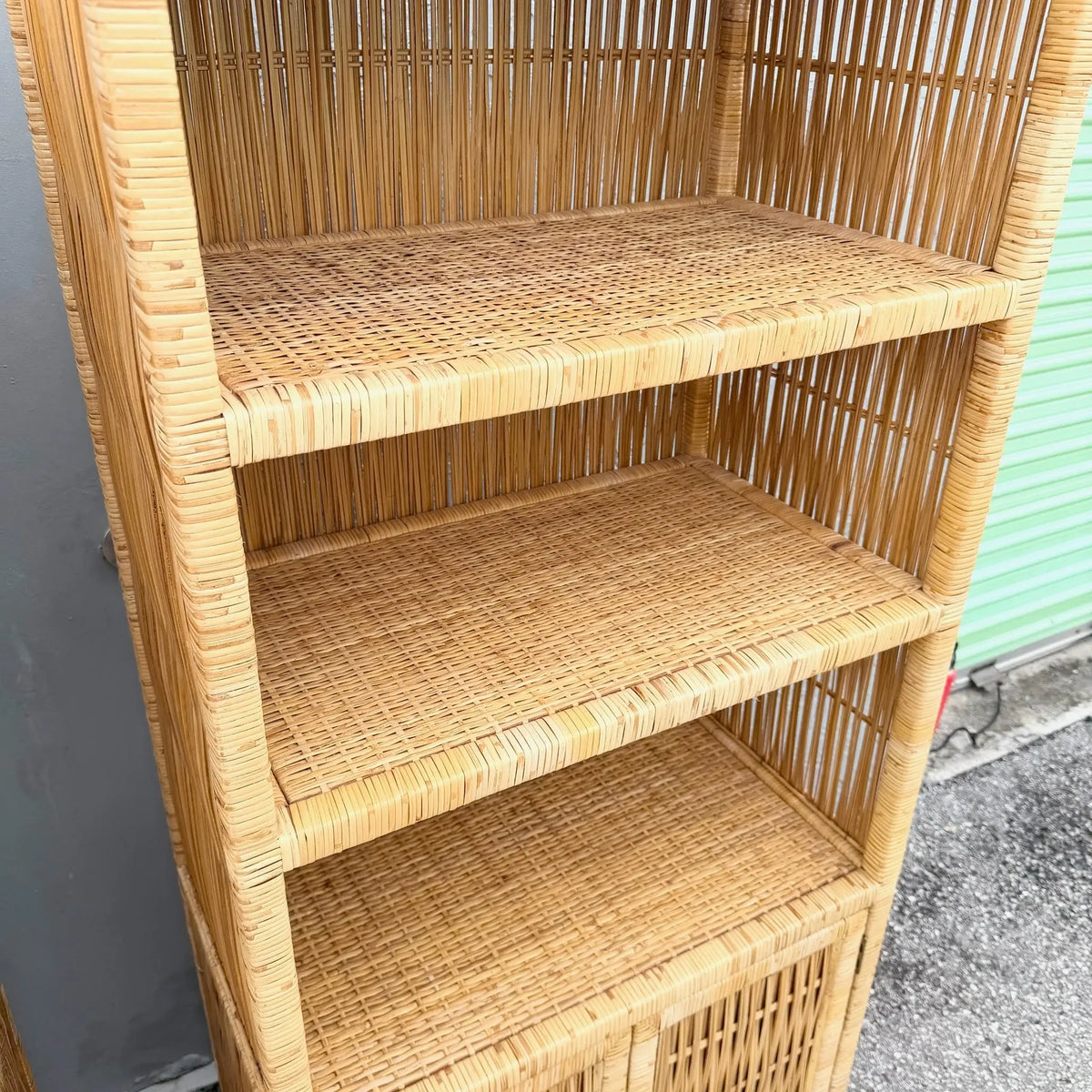 Boho Chic Blonde Wicker Cabinet Etageres - A Pair Dolphin & Flamingo