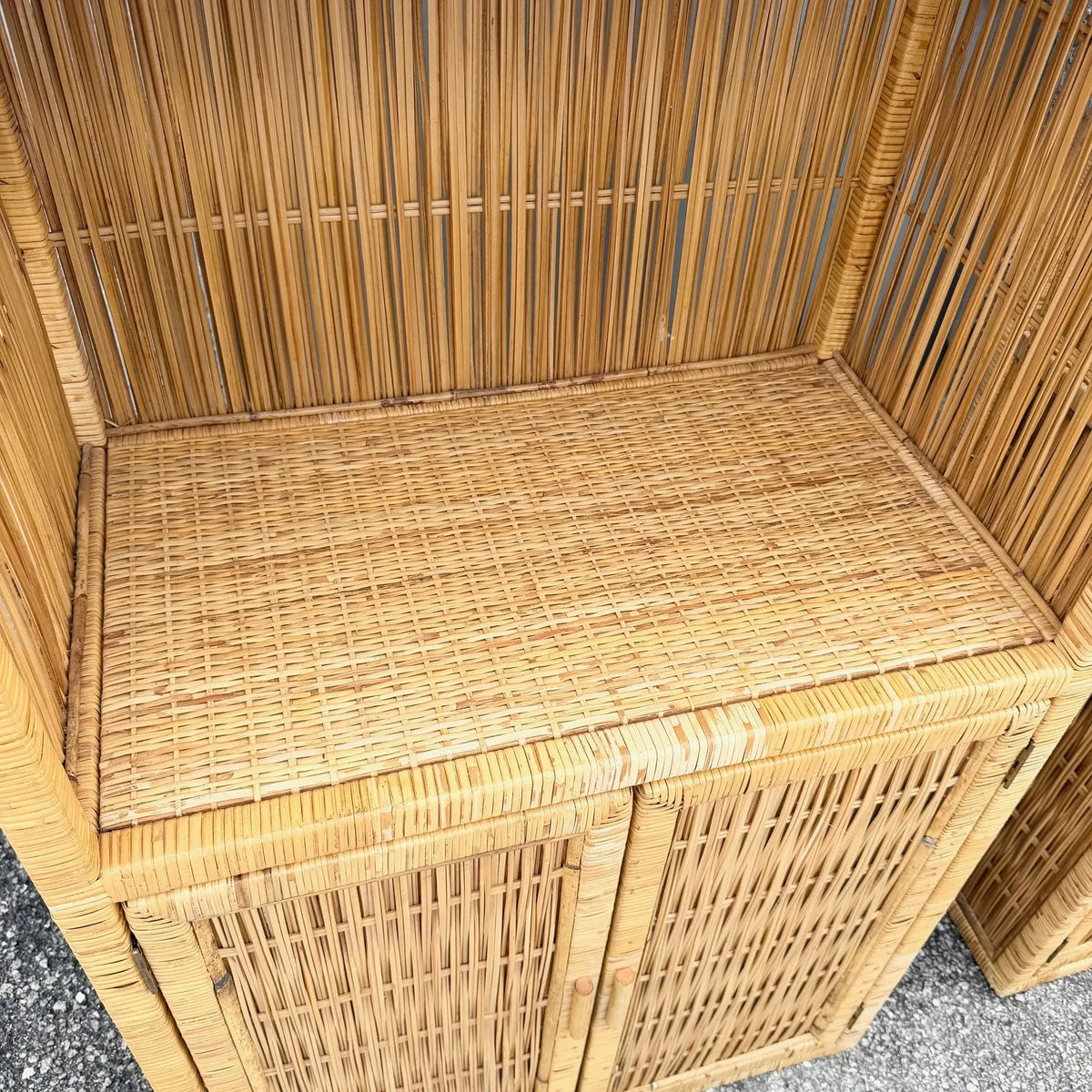 Boho Chic Blonde Wicker Cabinet Etageres - A Pair Dolphin & Flamingo