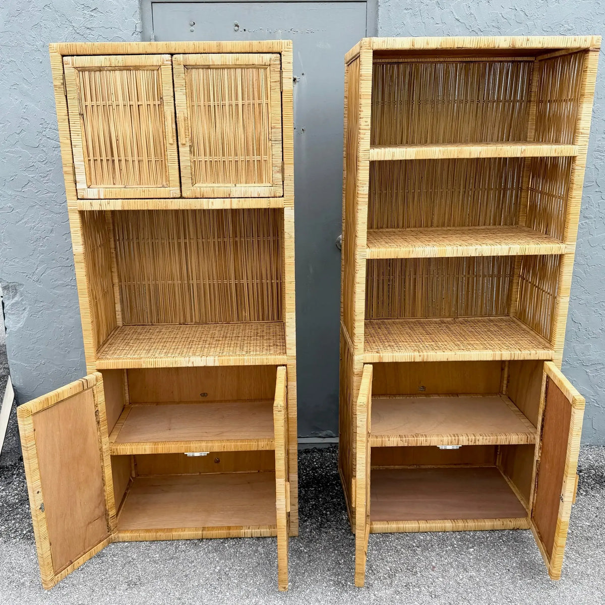 Boho Chic Blonde Wicker Cabinet Etageres - A Pair Dolphin & Flamingo