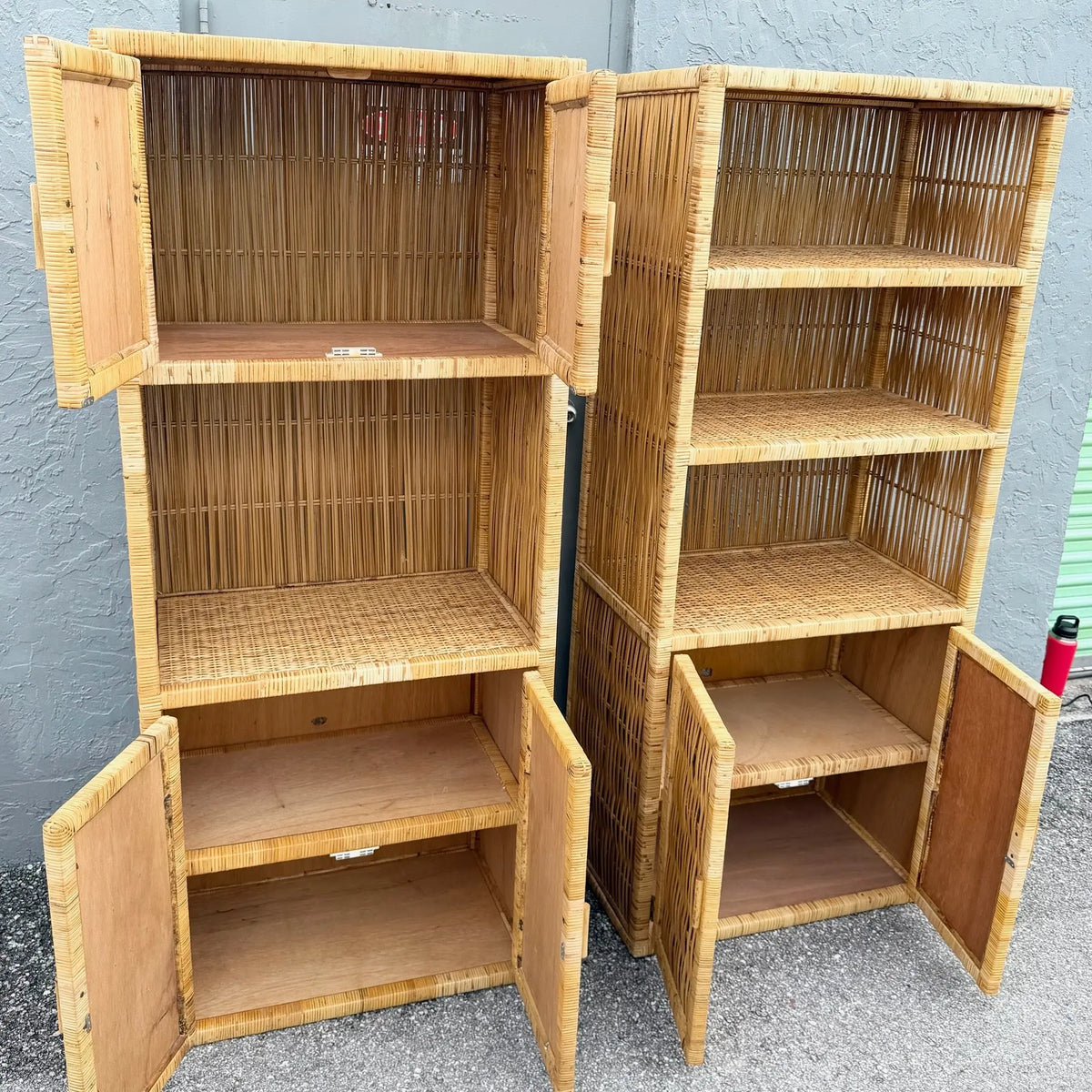 Boho Chic Blonde Wicker Cabinet Etageres - A Pair Dolphin & Flamingo