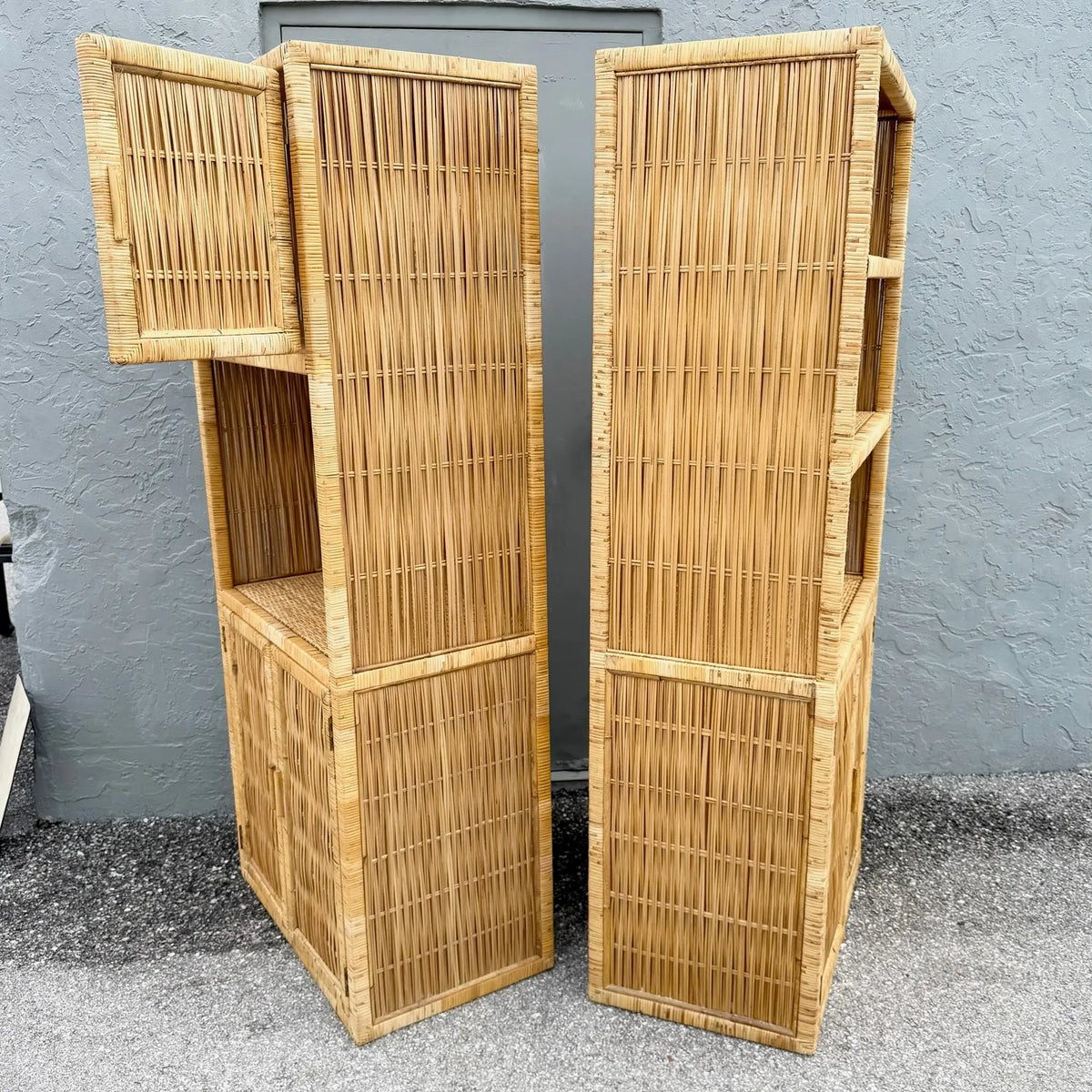 Boho Chic Blonde Wicker Cabinet Etageres - A Pair Dolphin & Flamingo