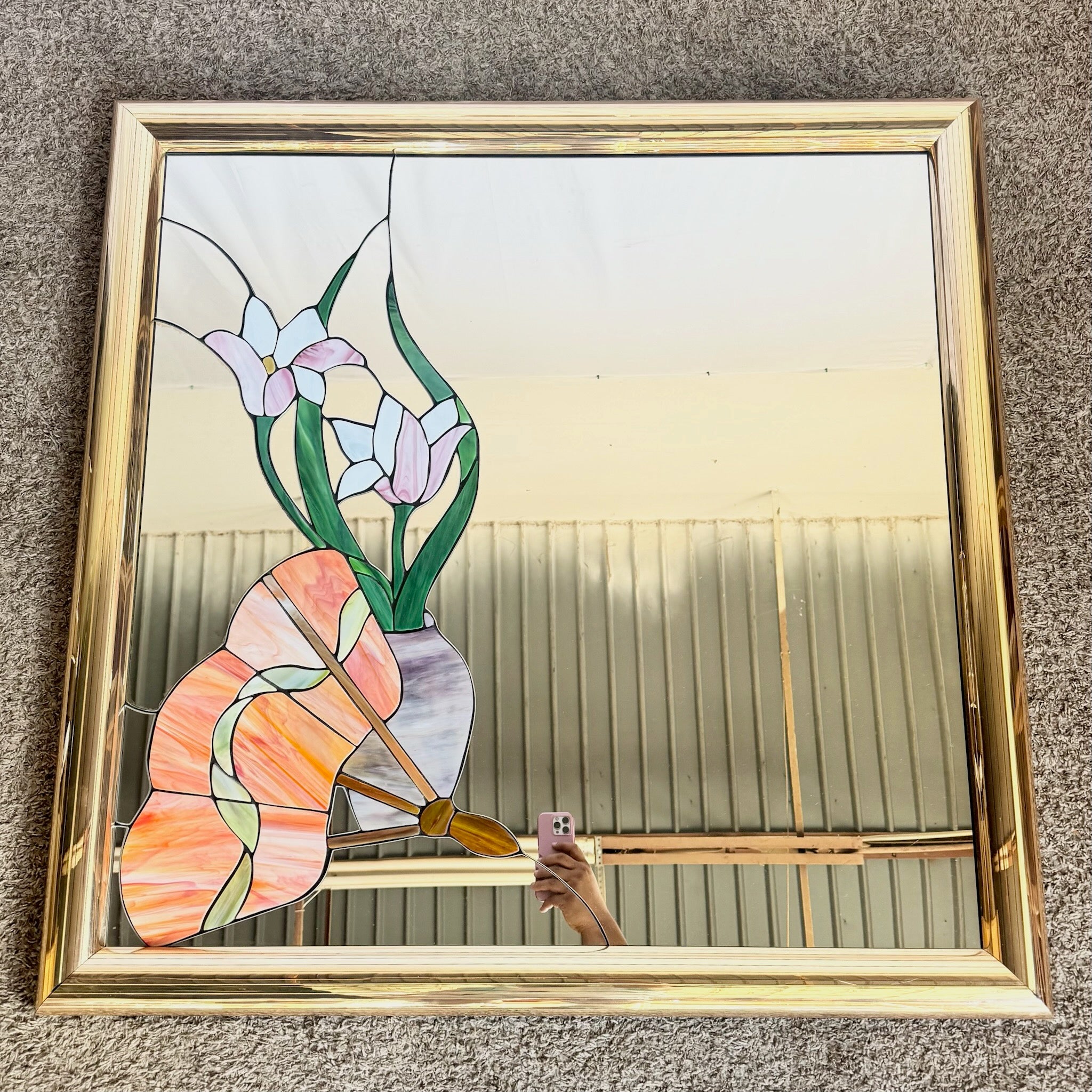 Postmodern Lily Flower Stained Glass Gold Frame Wall Mirror
