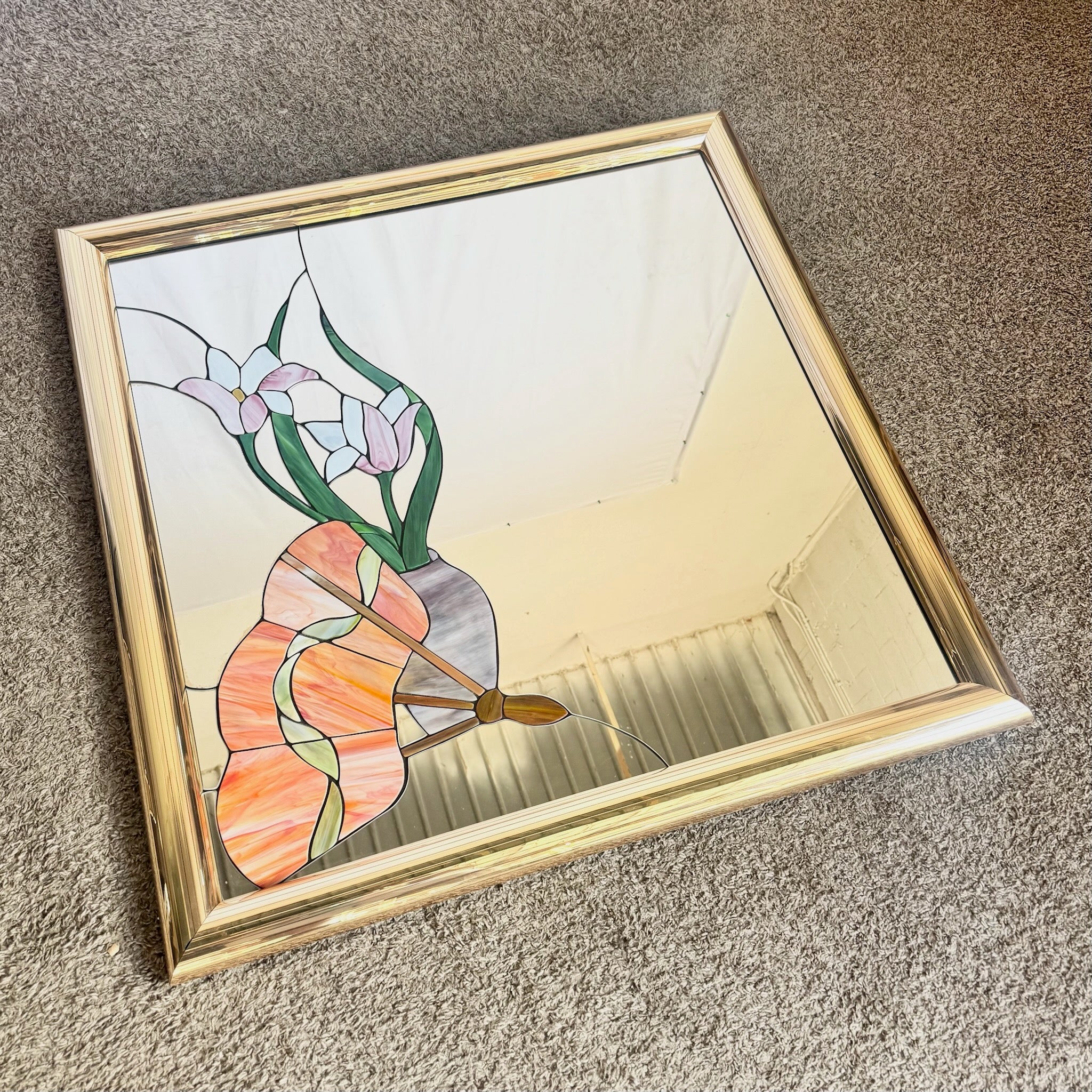 Postmodern Lily Flower Stained Glass Gold Frame Wall Mirror