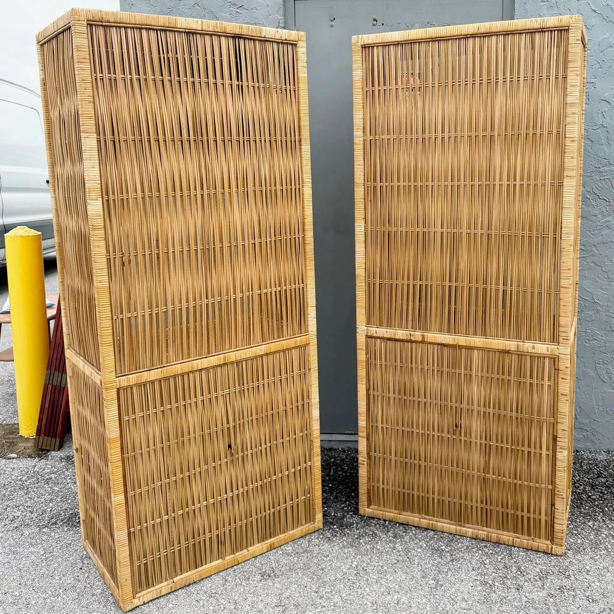 Boho Chic Blonde Wicker Cabinet Etageres - A Pair Dolphin & Flamingo
