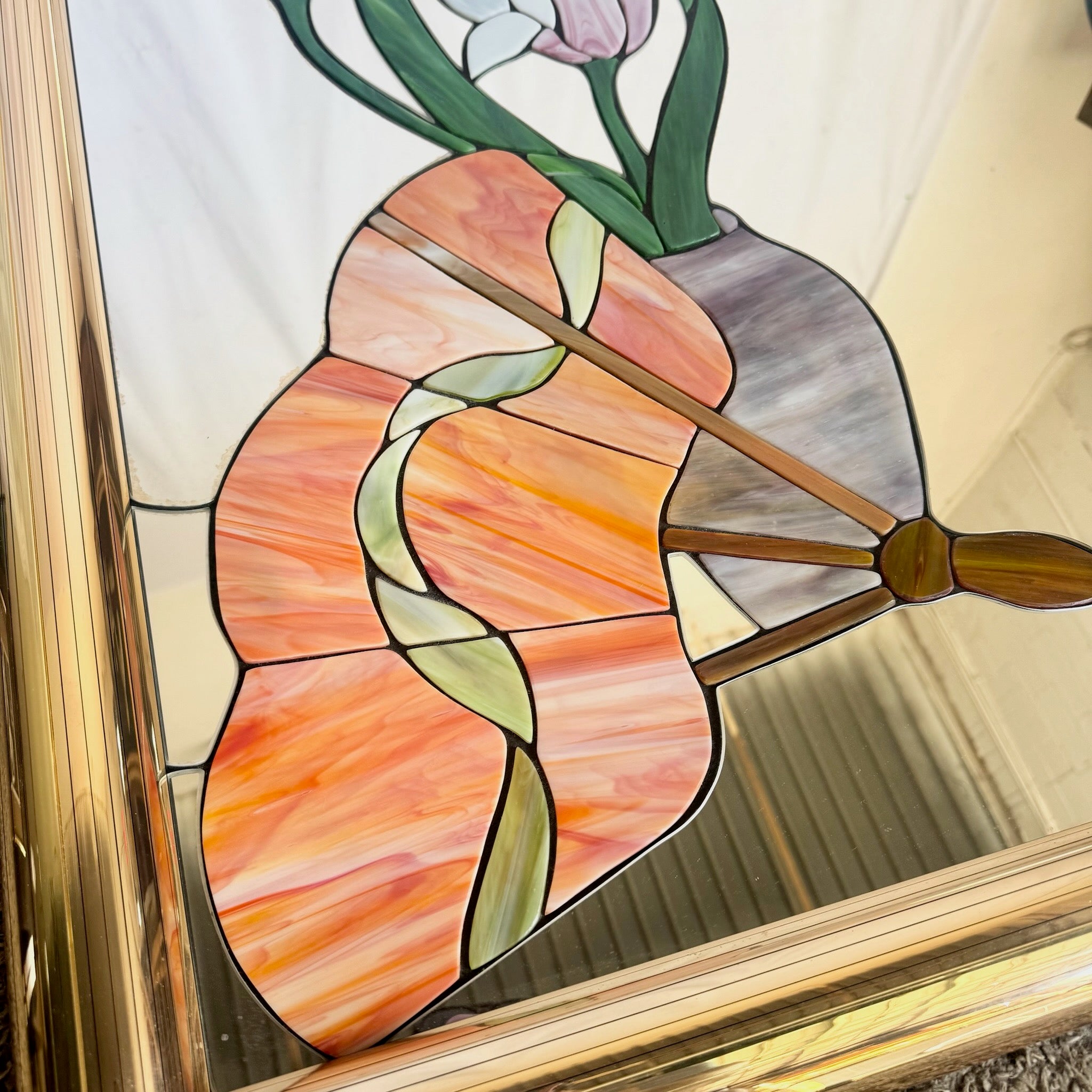 Postmodern Lily Flower Stained Glass Gold Frame Wall Mirror
