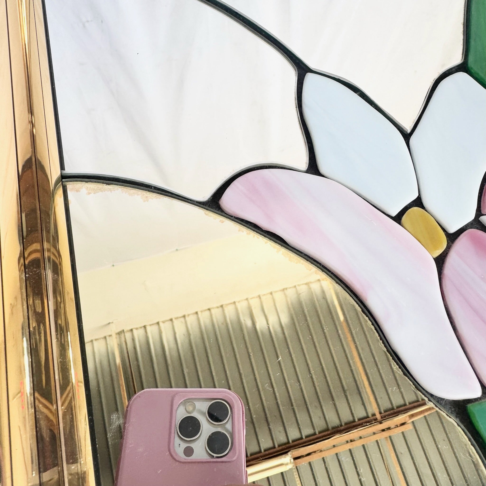 Postmodern Lily Flower Stained Glass Gold Frame Wall Mirror