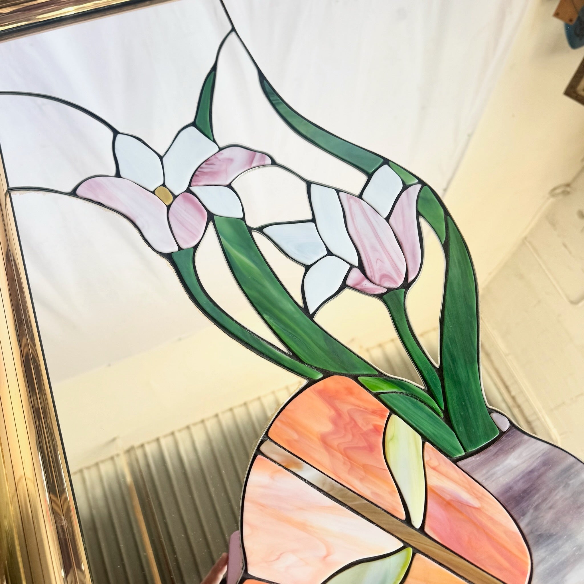 Postmodern Lily Flower Stained Glass Gold Frame Wall Mirror