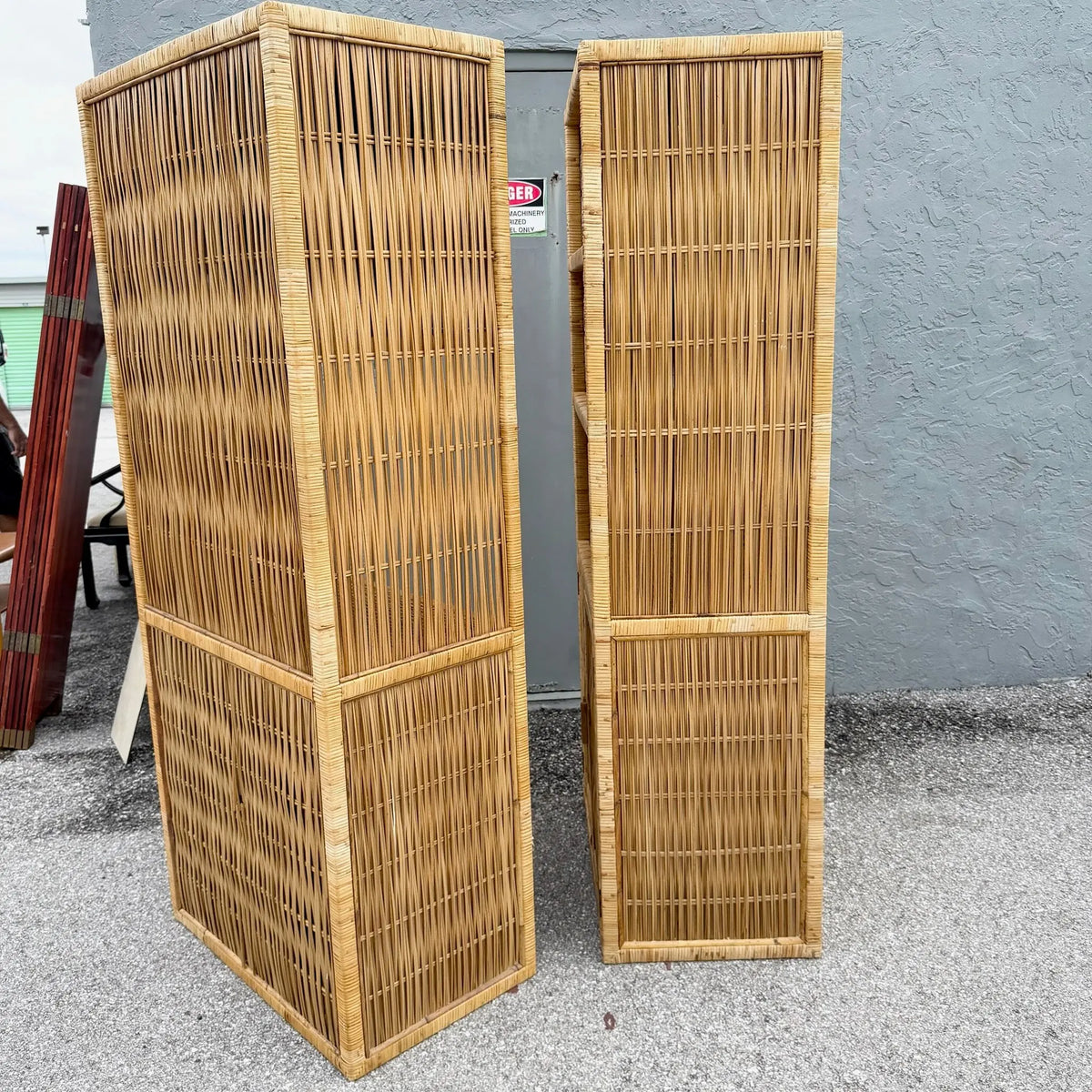 Boho Chic Blonde Wicker Cabinet Etageres - A Pair Dolphin & Flamingo