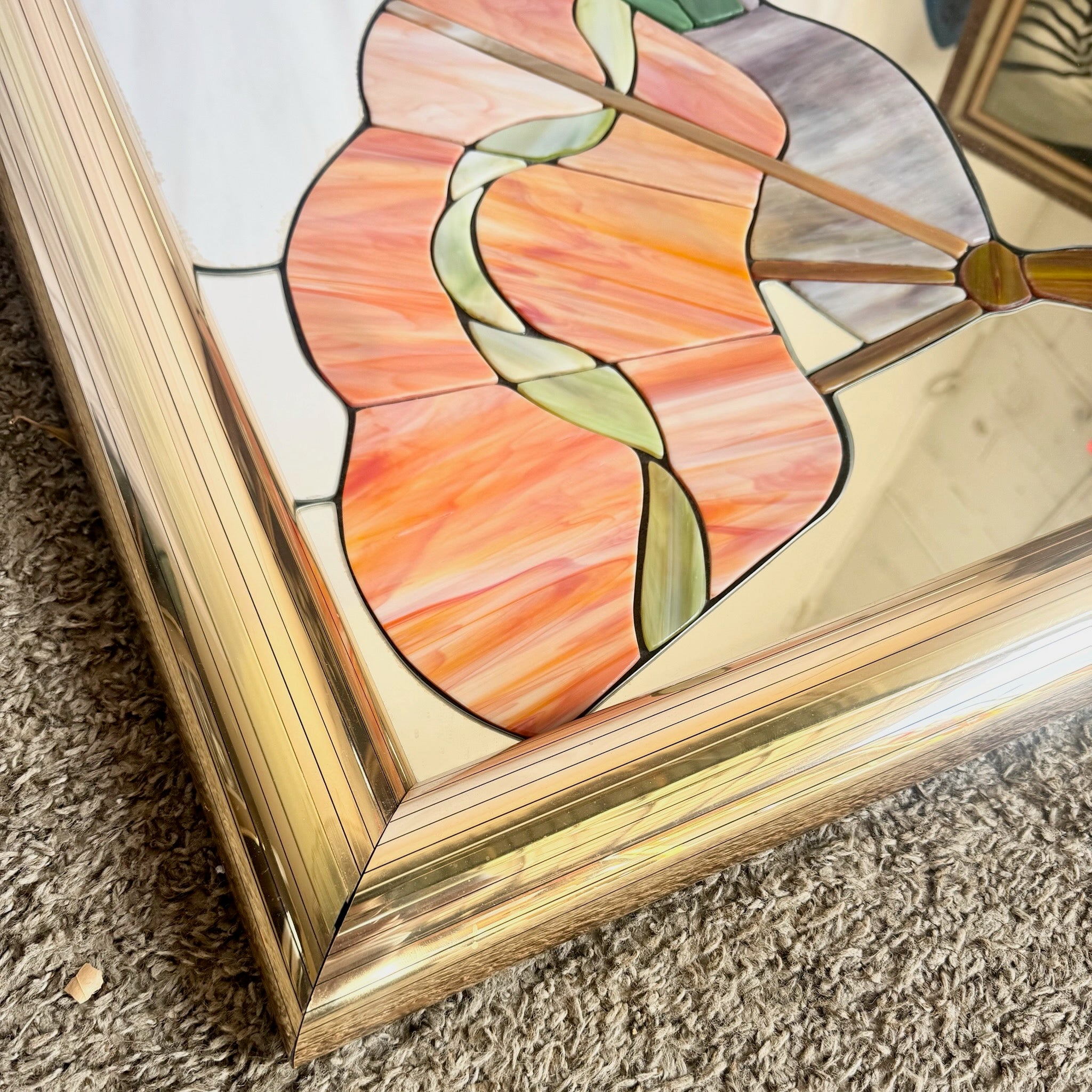 Postmodern Lily Flower Stained Glass Gold Frame Wall Mirror