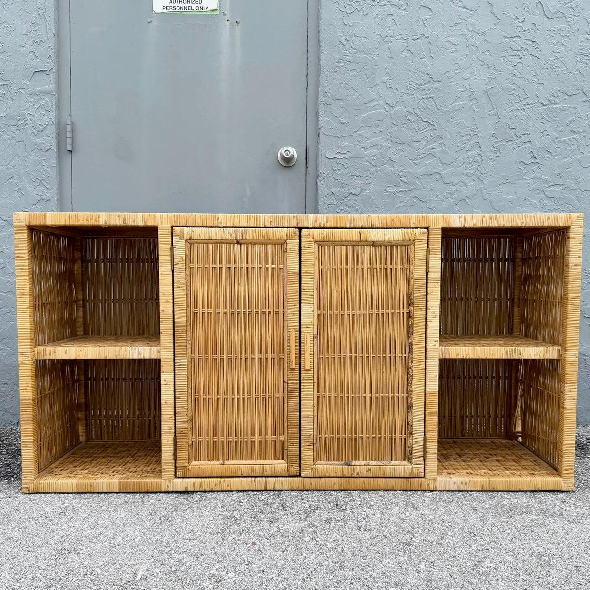 Vintage Boho Chic Blonde Wicker Credenza Dolphin & Flamingo