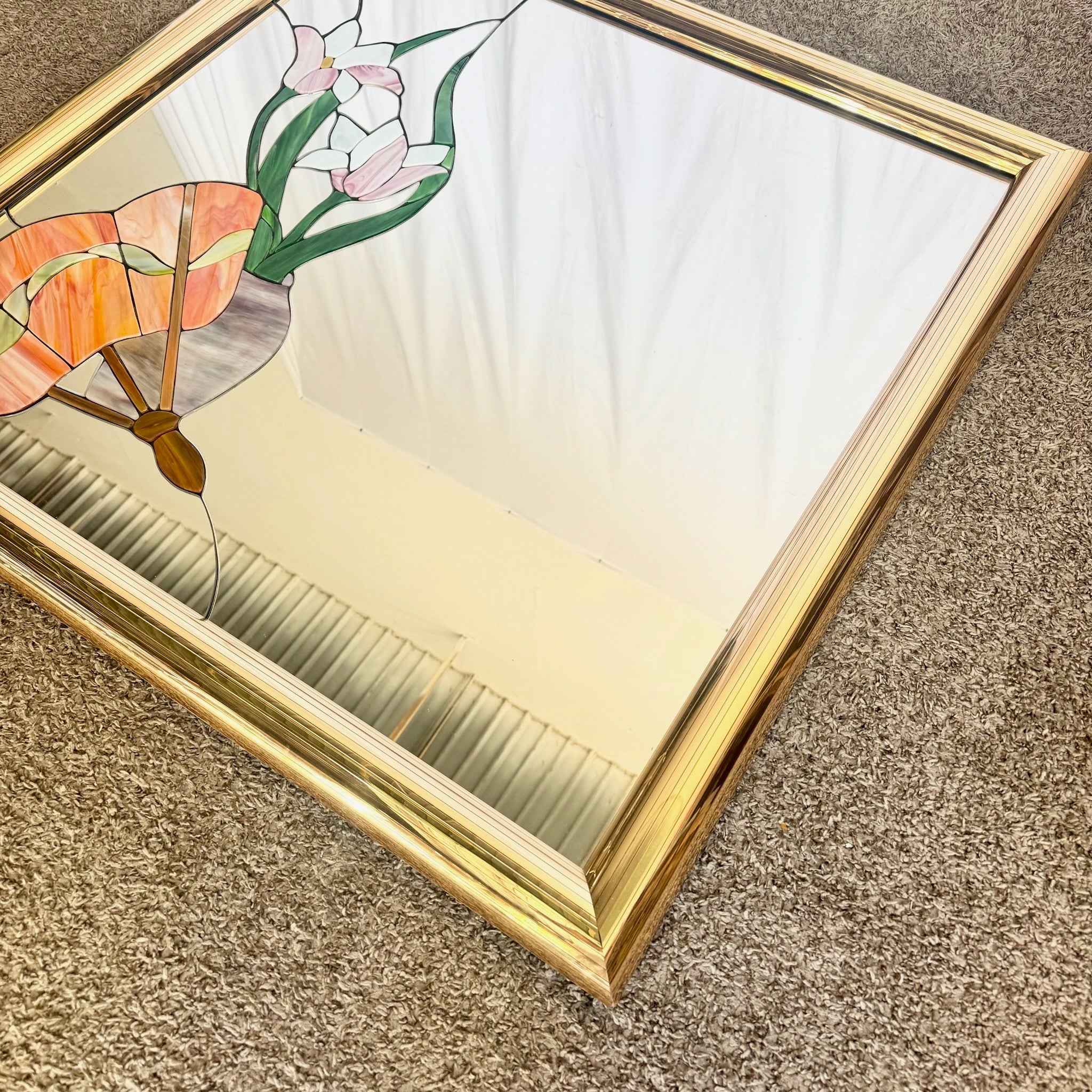 Postmodern Lily Flower Stained Glass Gold Frame Wall Mirror