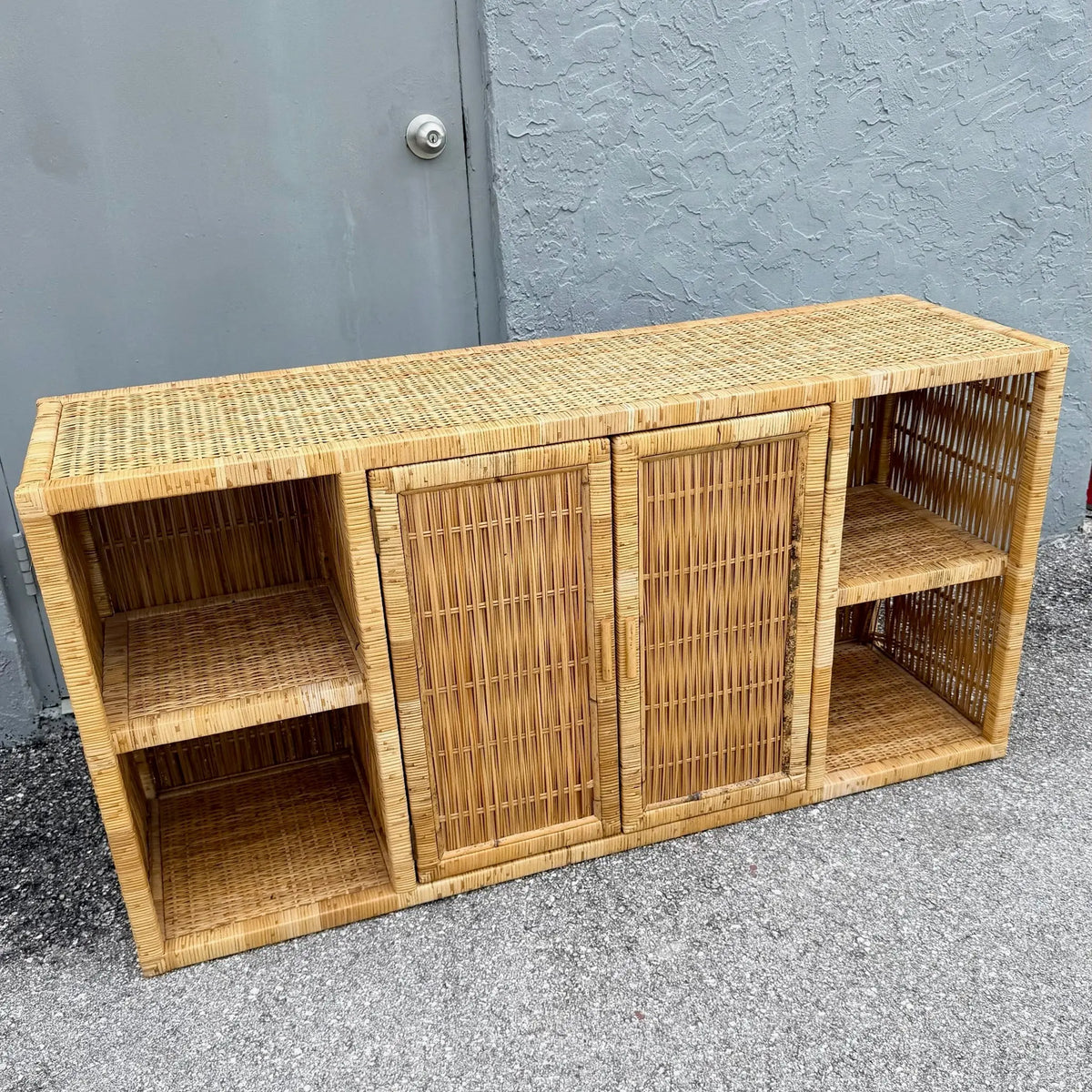 Vintage Boho Chic Blonde Wicker Credenza Dolphin & Flamingo