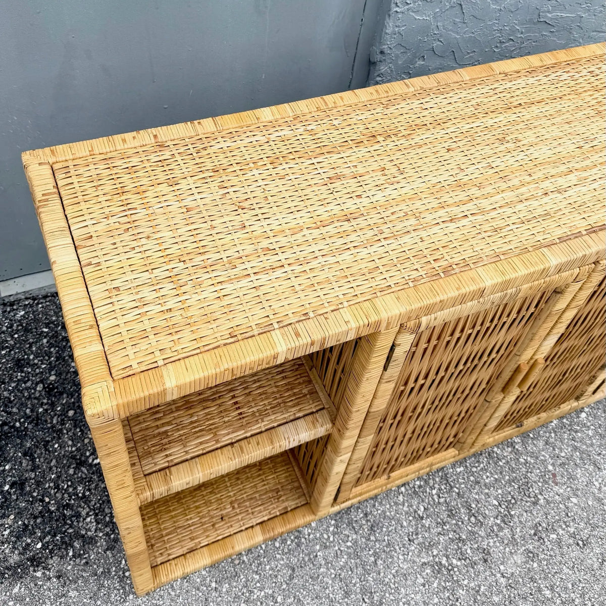 Vintage Boho Chic Blonde Wicker Credenza Dolphin & Flamingo