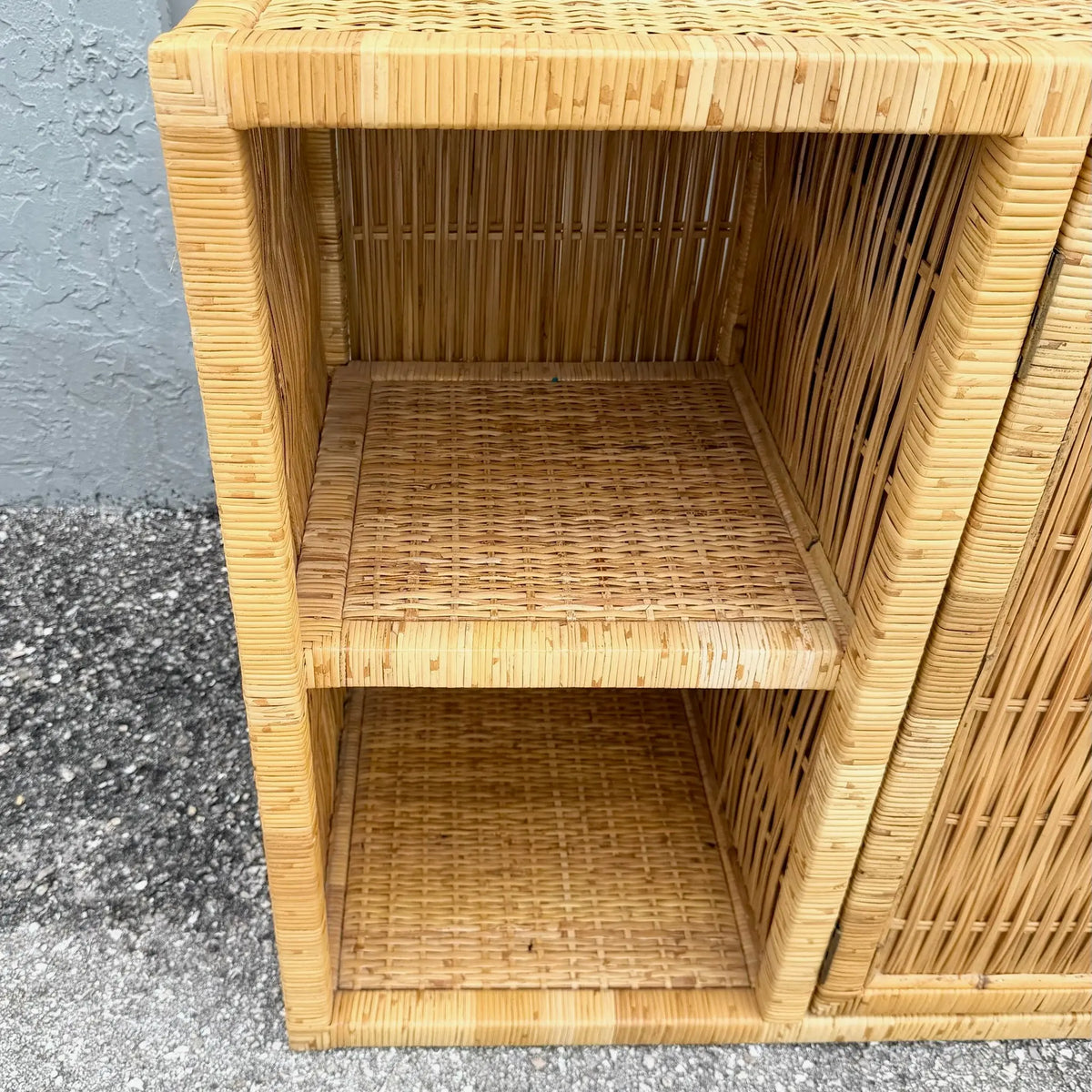 Vintage Boho Chic Blonde Wicker Credenza Dolphin & Flamingo