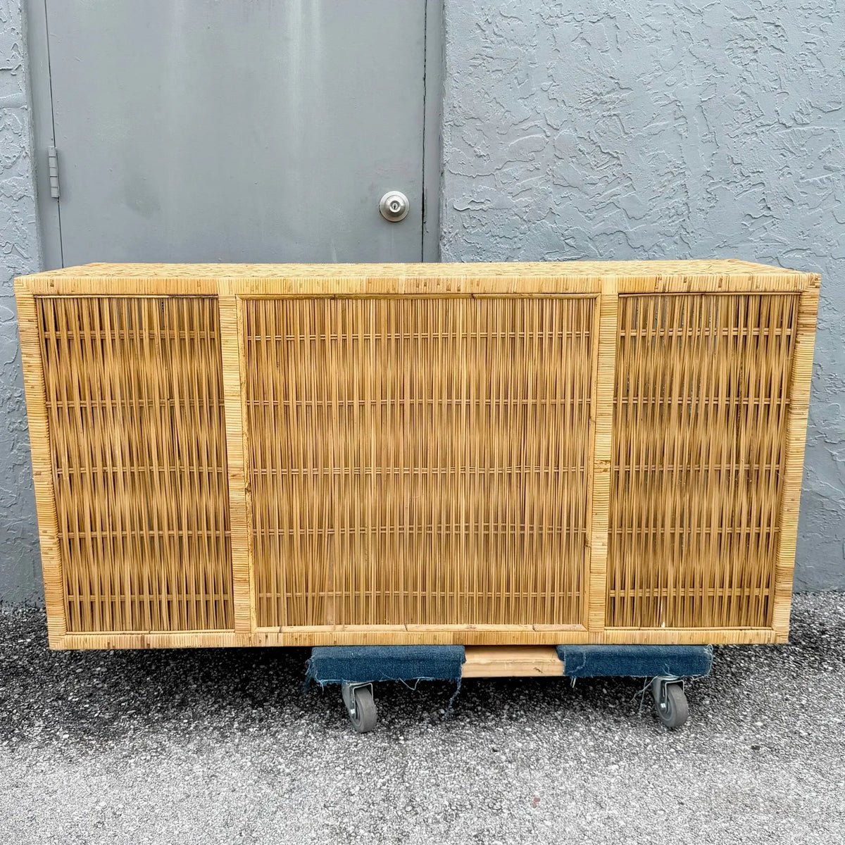 Vintage Boho Chic Blonde Wicker Credenza Dolphin & Flamingo