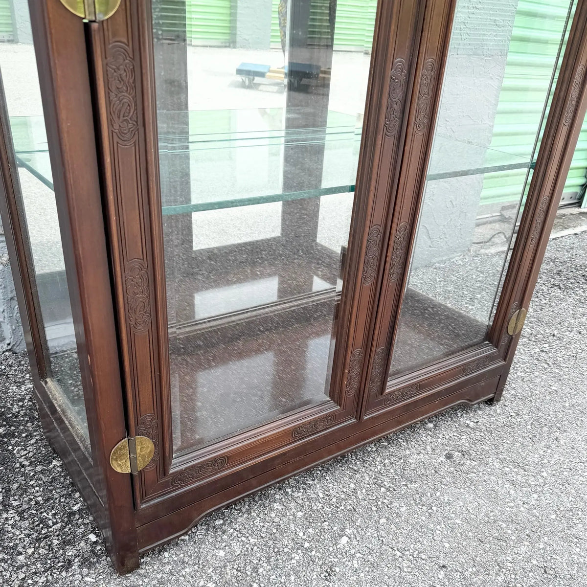 Vintage Campaign-Style Wood and Brass Lighted Curio Display Cabinet Dolphin & Flamingo